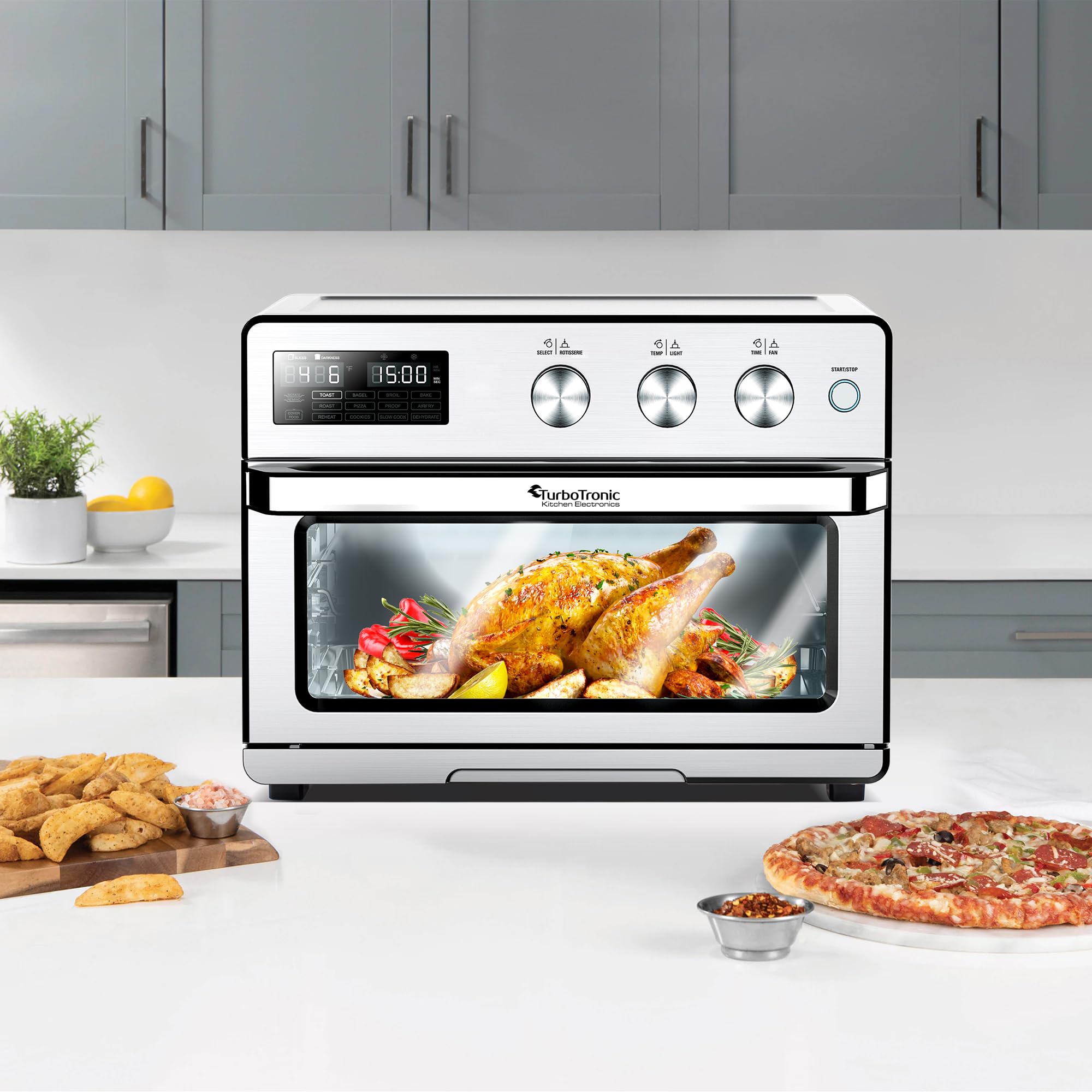 TurboTronic digitaler Heißluftofen - XXL 32 Liter mit Drehspieß für Hähnchen 5 in1 Mini Backofen, Dörrer & Power Heißluftfritteuse Airfryer ab 25°C