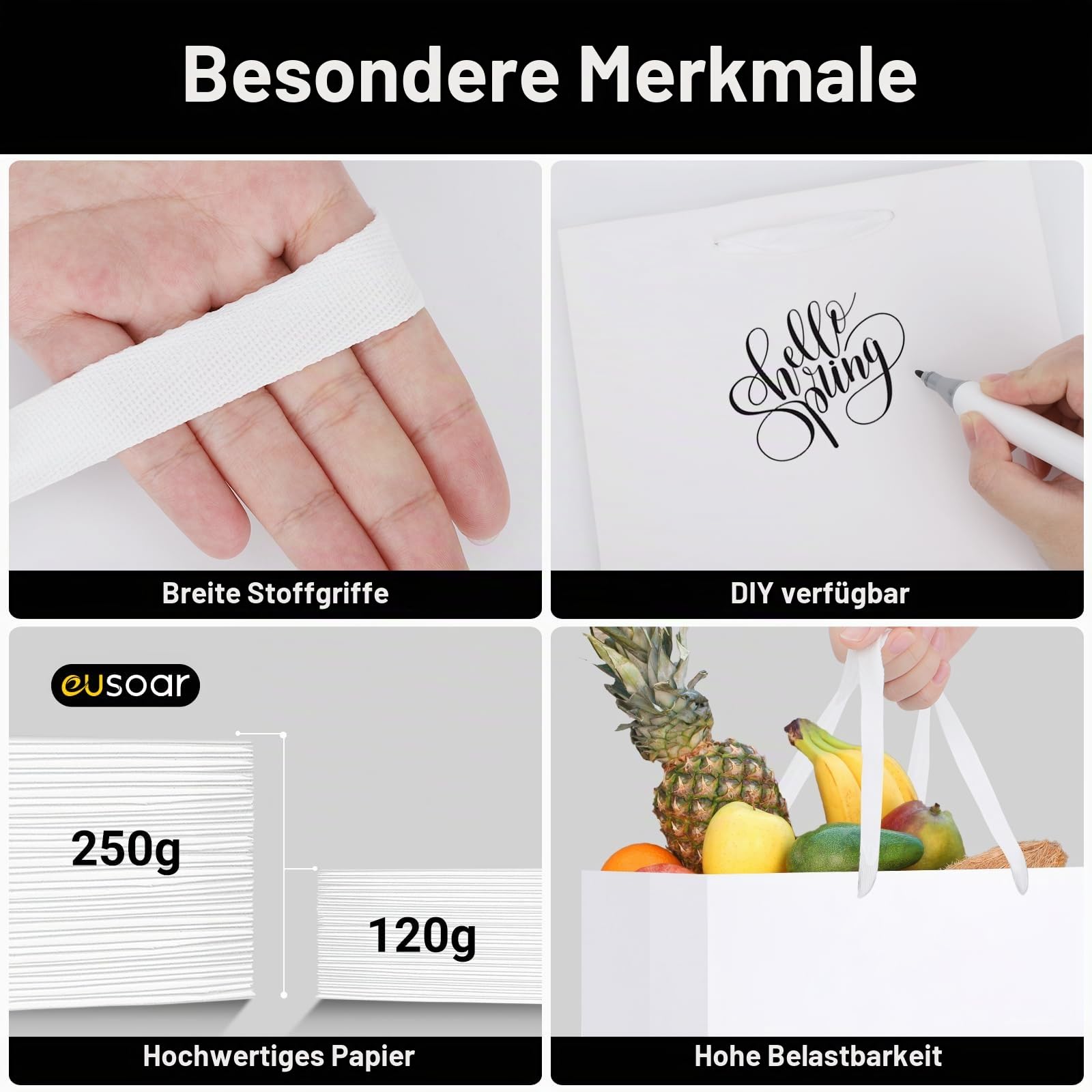EUSOAR Geschenktüten Verschiedene Größen Set - 30 Pack Weiß Papiertüten mit Henkel - 250GSM Gift Bag Verpackung - Papiertüten Verschiedene Größen S M L - Geschenk Tüte Party Hochzeit