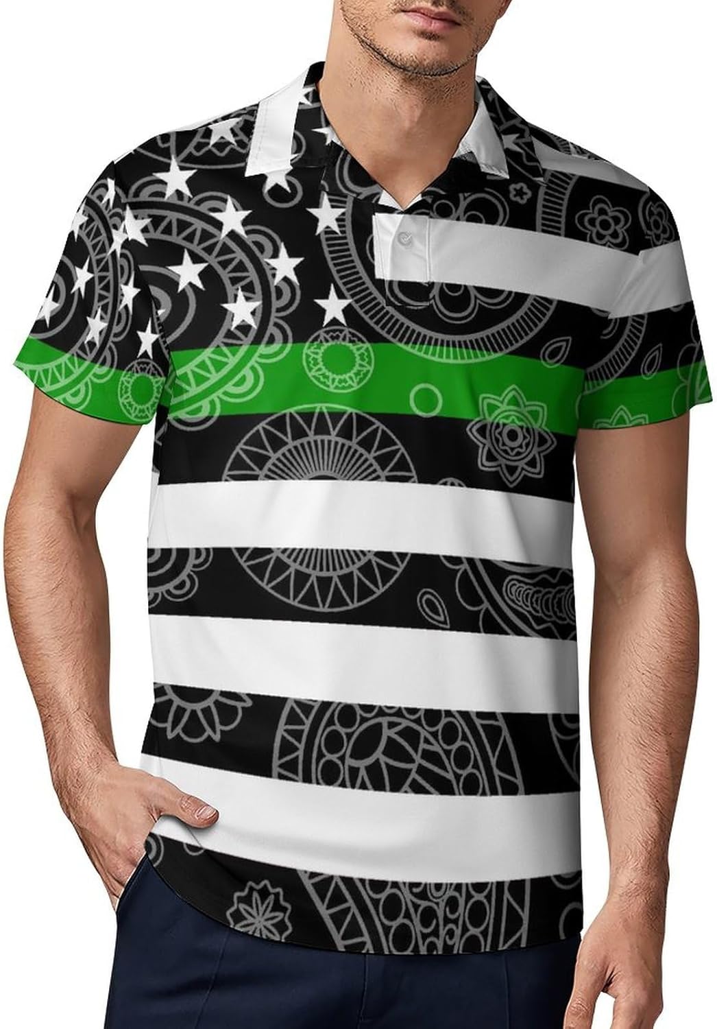 U.S. Flag Thin Green Line Paisley Pattern Novelty Men's Short Sleeve Shirt Golf Tennis Shirts Work T-Shirt Sport Tee