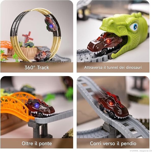 TUMAMA Pista Da Corsa Dinosauro Macchinine Elettrica a 360 Loops, 255 Pezzi Trenino Elettrico e Ferrovie Per Bambini 3 5 6 9 Anni Con 2 Auto, Set Di Pista Macchine Dino Giocattolo, Camion Cars Giochi - 4