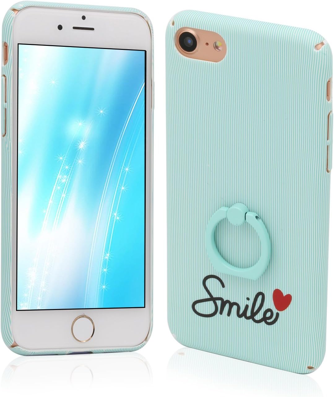 iPhone 7 Case, Ulreon Ultra Slim Thin Lightweight Cute Design 360 Degree Rotating Ring Grip Kickstand Shockproof Protective Anti Scratch for iPhone7 4.7inch (TEAL STRIPES)