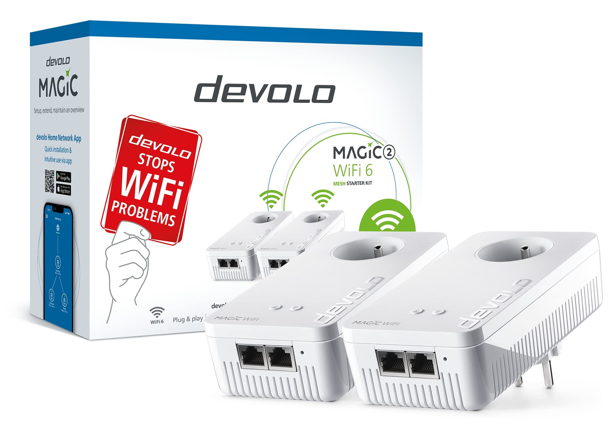 devolo Magic 2 WiFi 6 Mesh Kit de démarrage, adaptateurs CPL WiFi - jusqu'à 2.400 Mbits/s, Point d'accès WiFi Mesh, 4X Ports Ethernet Gigabit, Prise integrée, Blanc