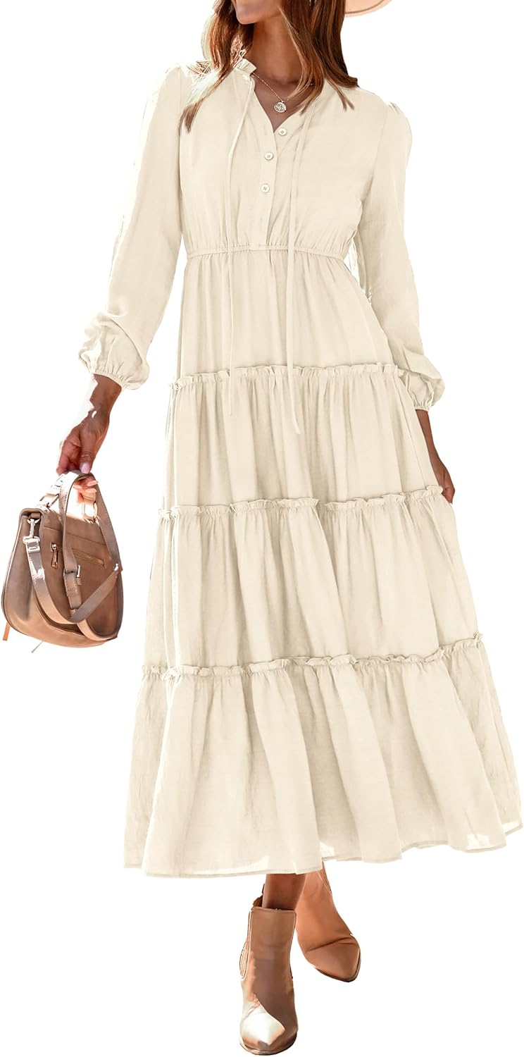 MASCOMODA Fall Long Sleeve Maxi Dresses for Women 2025 Casual Boho Button Ruffle Neck Tiered A Line Flowy Wedding Guest Dress