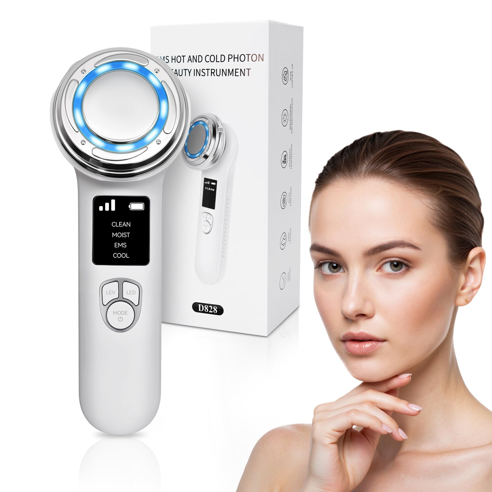 Masajeador Facial de Fototerapia, Electroporador Ultrasónico Antiarrugas Masajeador Facial, Masajeador Facial Eléctrico con Frío Calor Fototerapia Roja y Azul, Limpieza Profunda, Antiarrugas y Poros