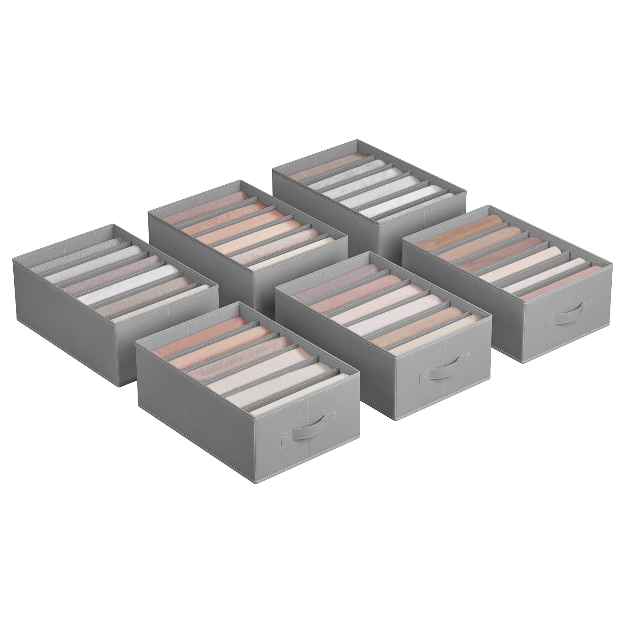 SONGMICS Set di 6 Organizer Cassetti a 6 Scomparti, Scatole per Biancheria Pieghevoli, Organizzatori Contenitori per Armadio Guardaroba, 42 x 30 x 17 cm, Pantaloni Vestiti, Grigio Tortora RUS009G03
