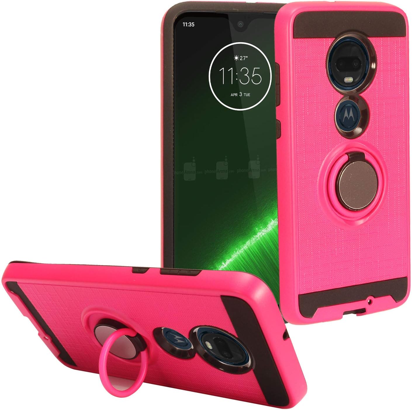 for T-Mobile Revvlry+ Plus, Motorola Moto G7, Moto G7 Plus XT1962/XT1965 - Hybrid Phone Case w/Ring Stand - RS2 Hot Pink