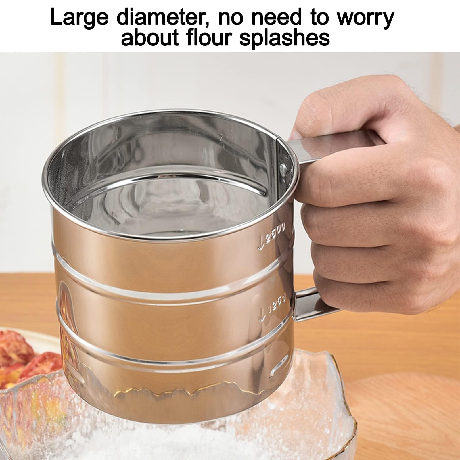 Sitko do mąki z nierdzewnej stali z uchwytem – jednoręczne sitko do mąki i cukru pudru, drobne sitko do pieczenia, Ø15cm, pojemność 250g – 9,2cm x 10cm, w zestawie dno sitka (Ø15cm)
