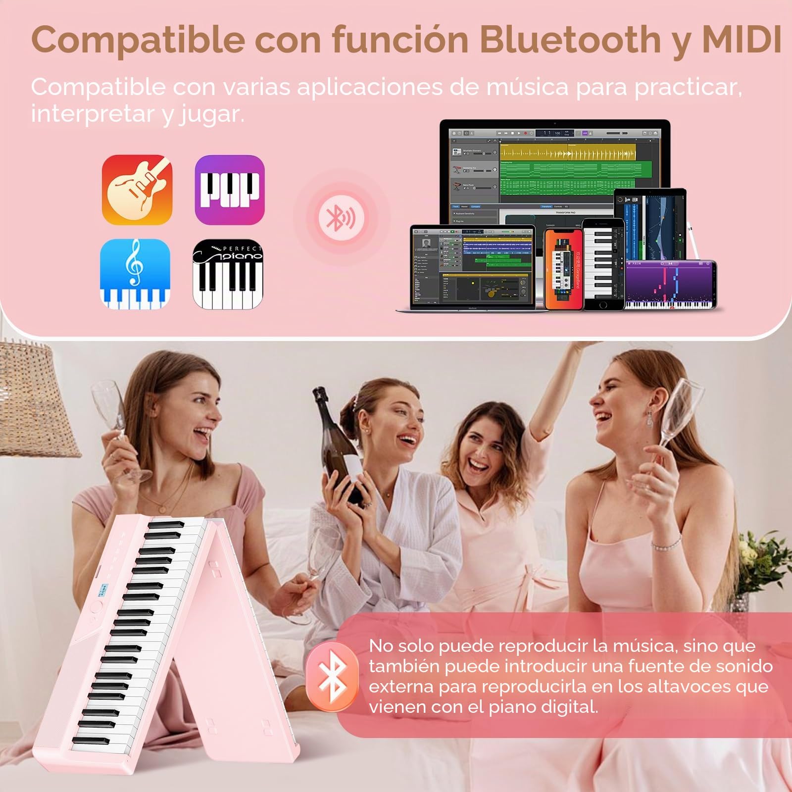 TERENCE Piano Electrico 88 Teclas Teclado Dinámico Pesado 2 Altavoces de 15W Panel Táctil Sensible Función de Grabación de Video y Audio Integrada Soporte para Auriculares y Altavoces Externos Rosa
