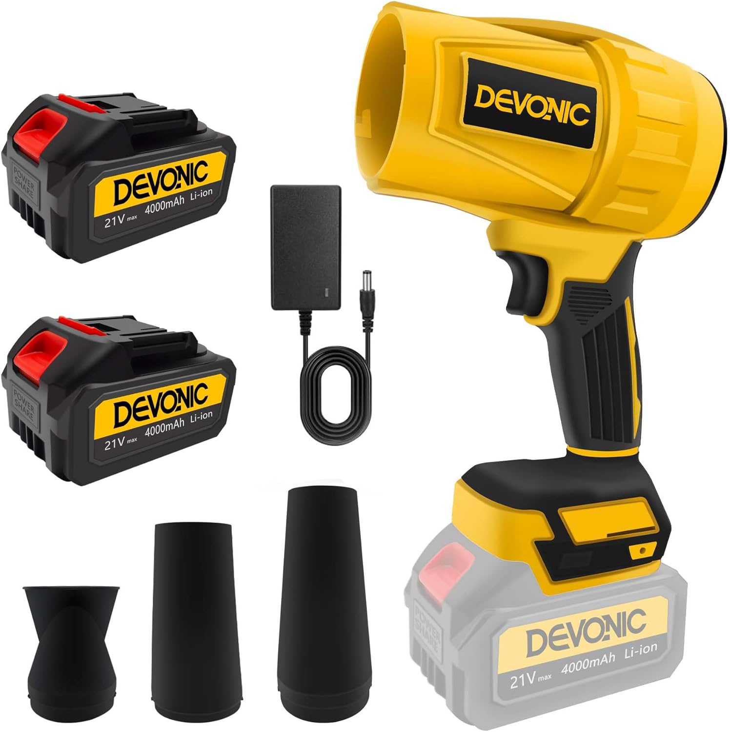 DEVONIC Leaf Blower Cordless - Lightweight Electric Handheld Blower with 2×20V 4.0Ah Battery & Charger Included,3 Nozzles-Turbo Jet Blower for Lawn Care,Garage,Patio,Fallen Leaves and Car-deep Yellow