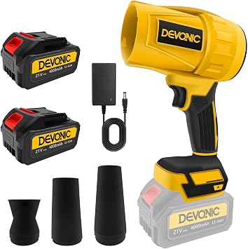DEVONIC Leaf Blower Cordless - Lightweight Electric Handheld Blower with 220V 4.0Ah Battery & Charger Included,3 Nozzles-Turbo Jet Blower for Lawn Care,Garage,Patio,Fallen Leaves and Car-deep Yellow