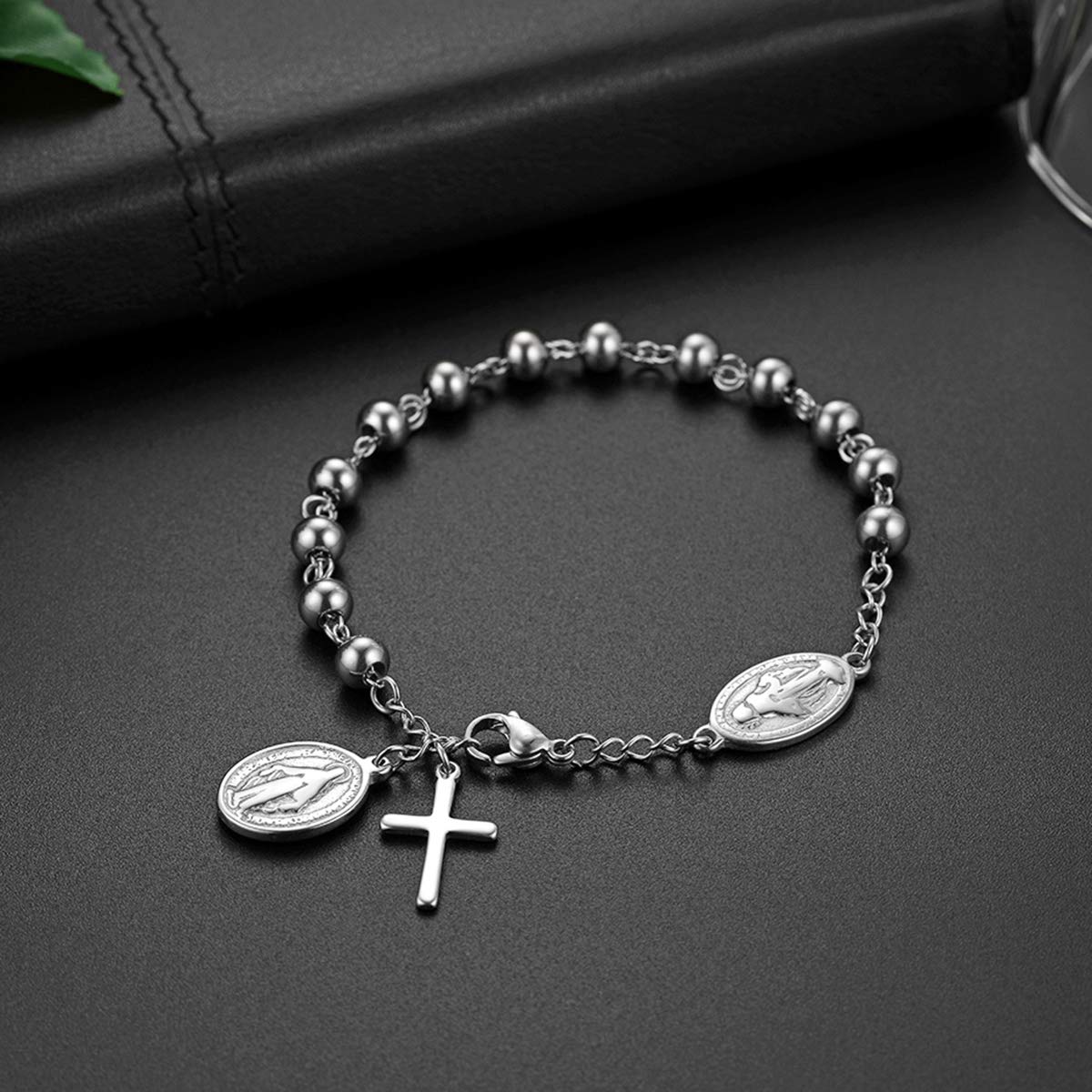 Pulsera de cuentas de rosario de cruz de acero inoxidable vintage con cruz de Jesucristo Crucifijo para hombres y mujeres, Navidad y boda, Acero inoxidable 3
