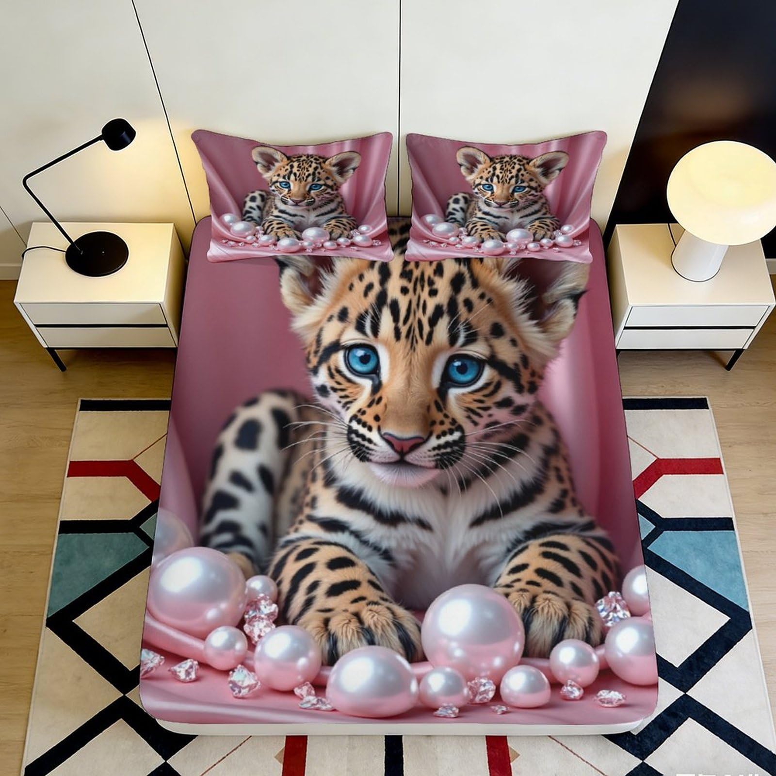Kzqnxhjprl Style-6 3D Printed Cute Leopard Fitted Sheet Microfiber Pink Animal Pearl Bed Cover For Bedroom Guest Room Decor 90X200x25cm