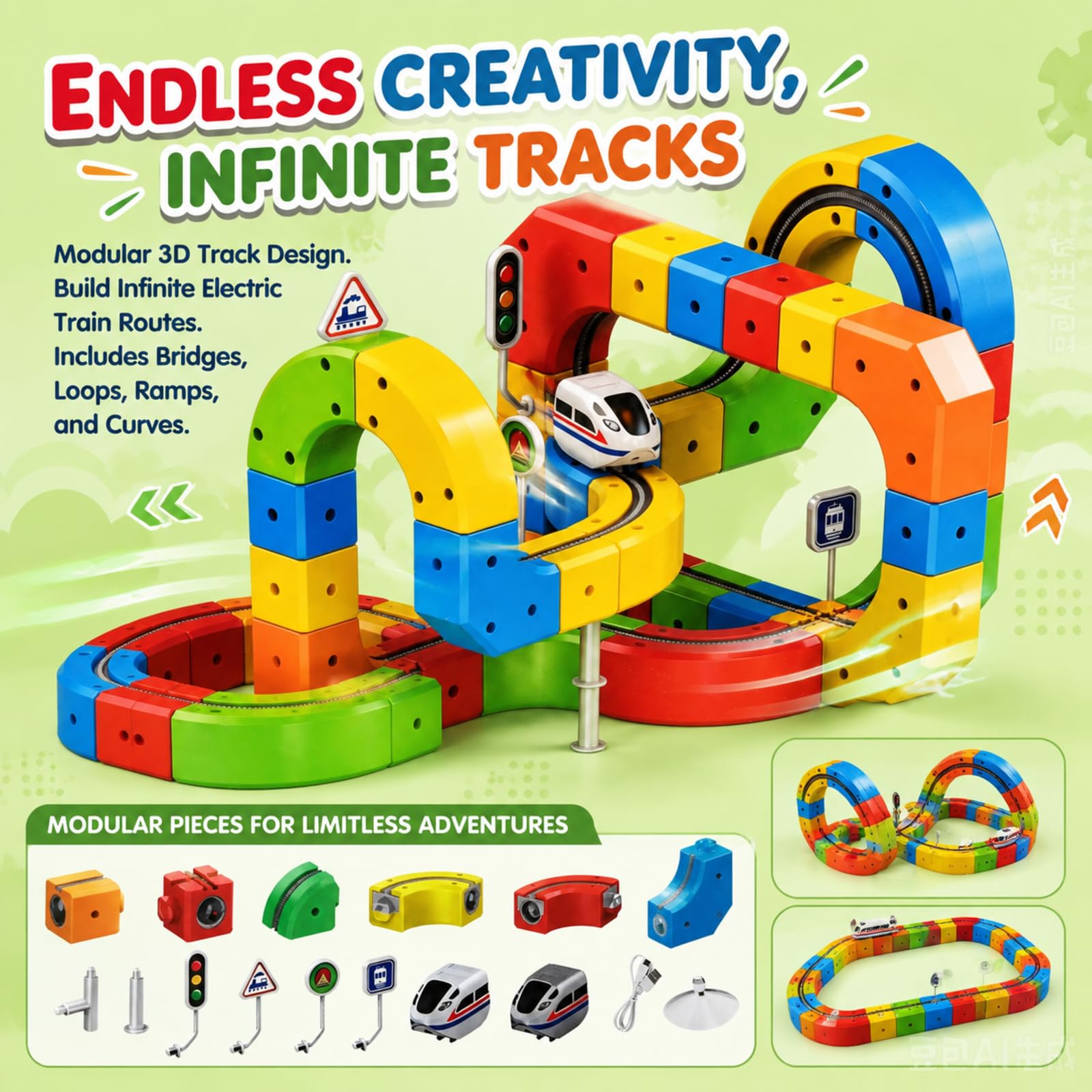 Juego de ferrocarriles eléctricos, 81 unidades, flexible, juego de pistas de tren DIY | Con bloques de pista en forma de cubo con un diseño 3D que supera la gravedad, regalo de juguete de tren a partir de 3 años