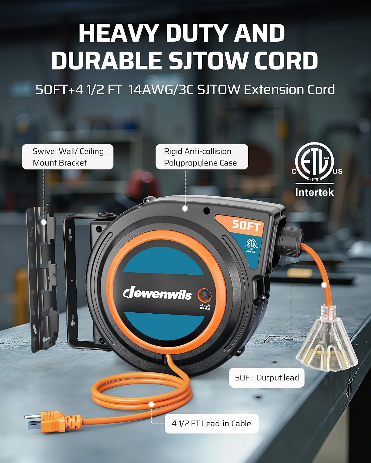 DEWENWILS Extension Cord Reel with Twist-lock Stopper, Power Retractable Cord Reel, Lightweight and Portable, Brighter Triple Tap Outlet, for Home Maintenance, Garages, Workshops, Orange