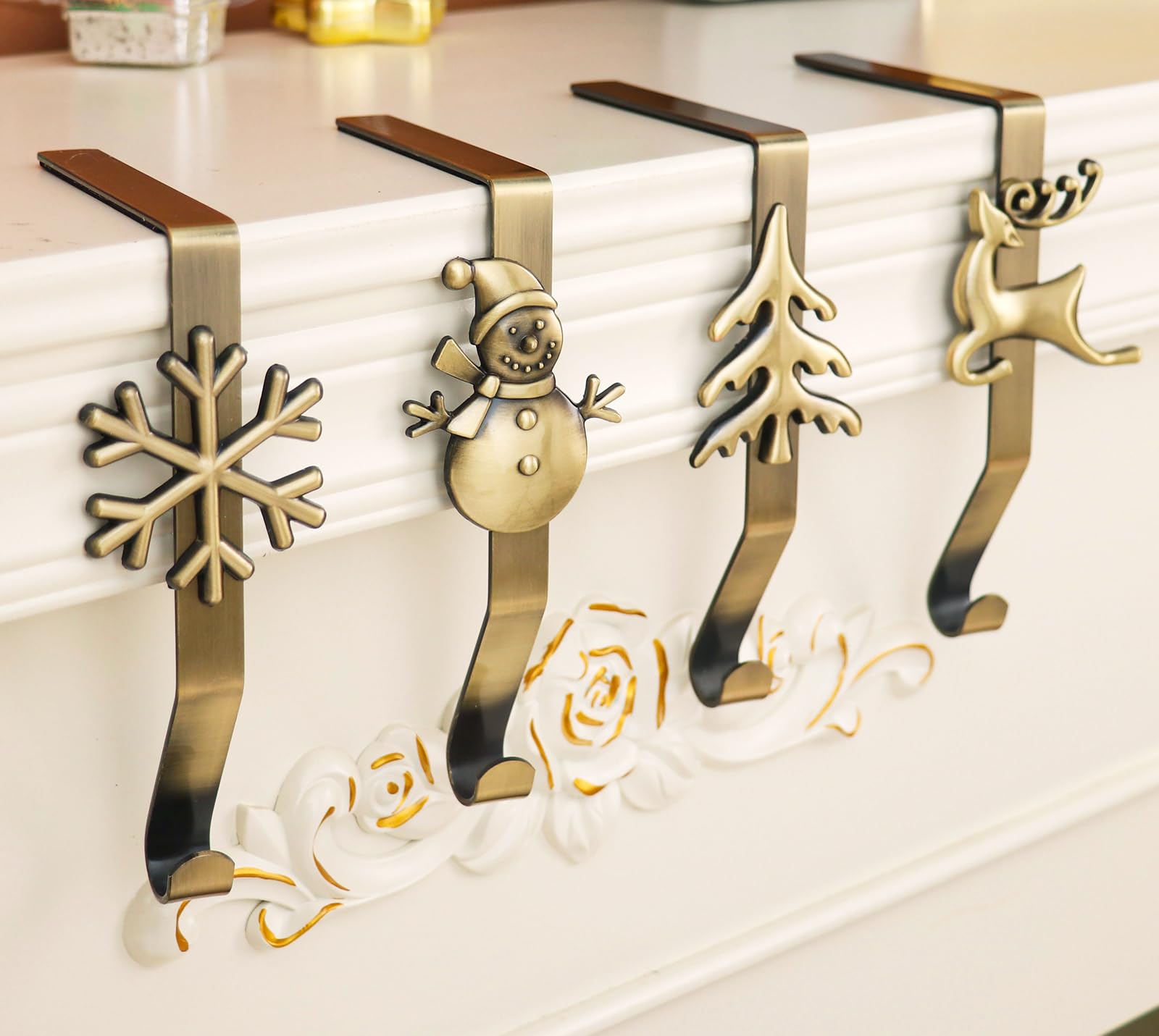 Lot de 4 supports de chaussettes de Noël – Différents motifs pour cheminée – Crochets pour chaussettes de Noël pour décoration de Noël (bronze)