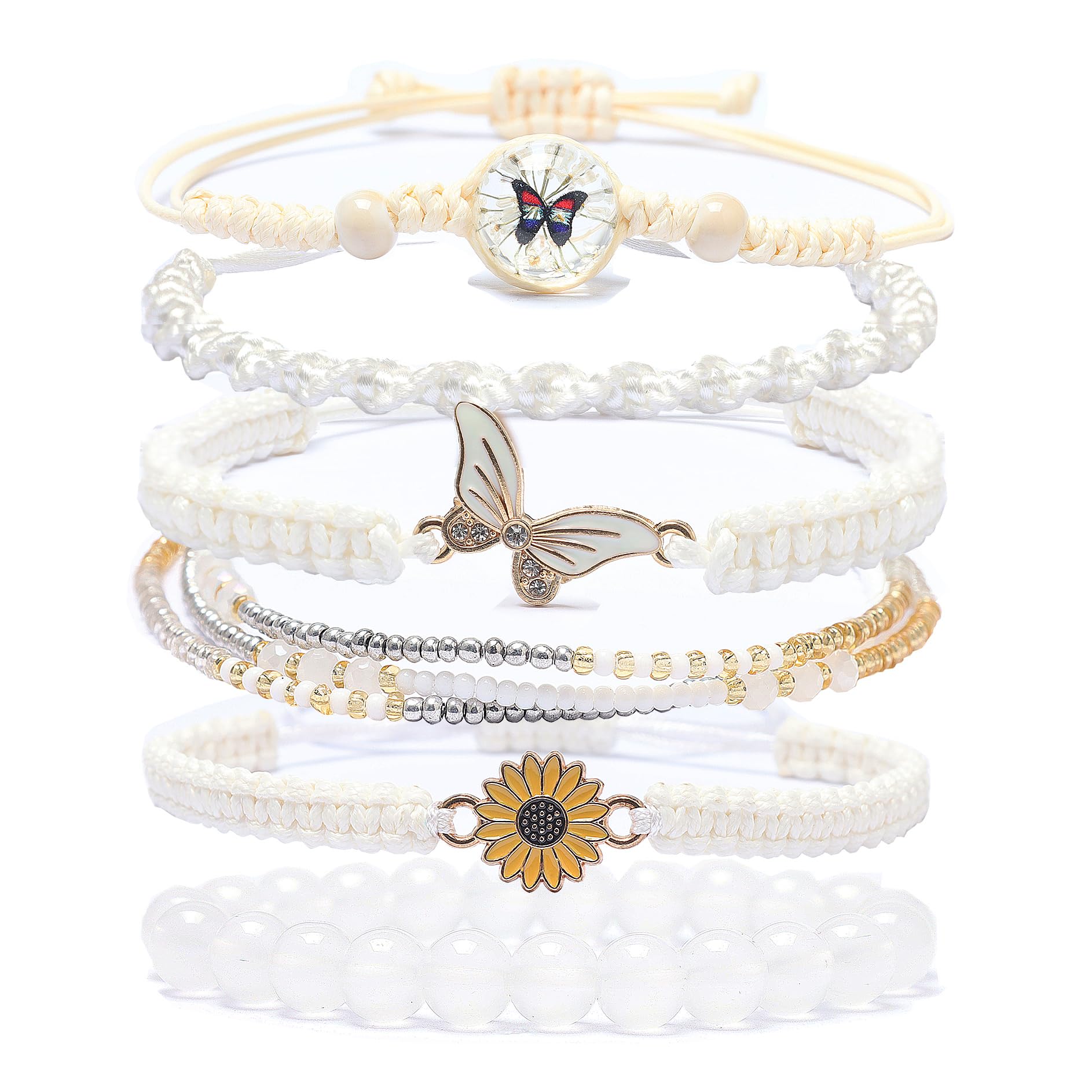 DS 6PCS String beads Charm Bracelets for Teen Girls Handmade Braided Rope Butterfly daisies Eternal flower Boho Surfer Bracelet for women Adjustable