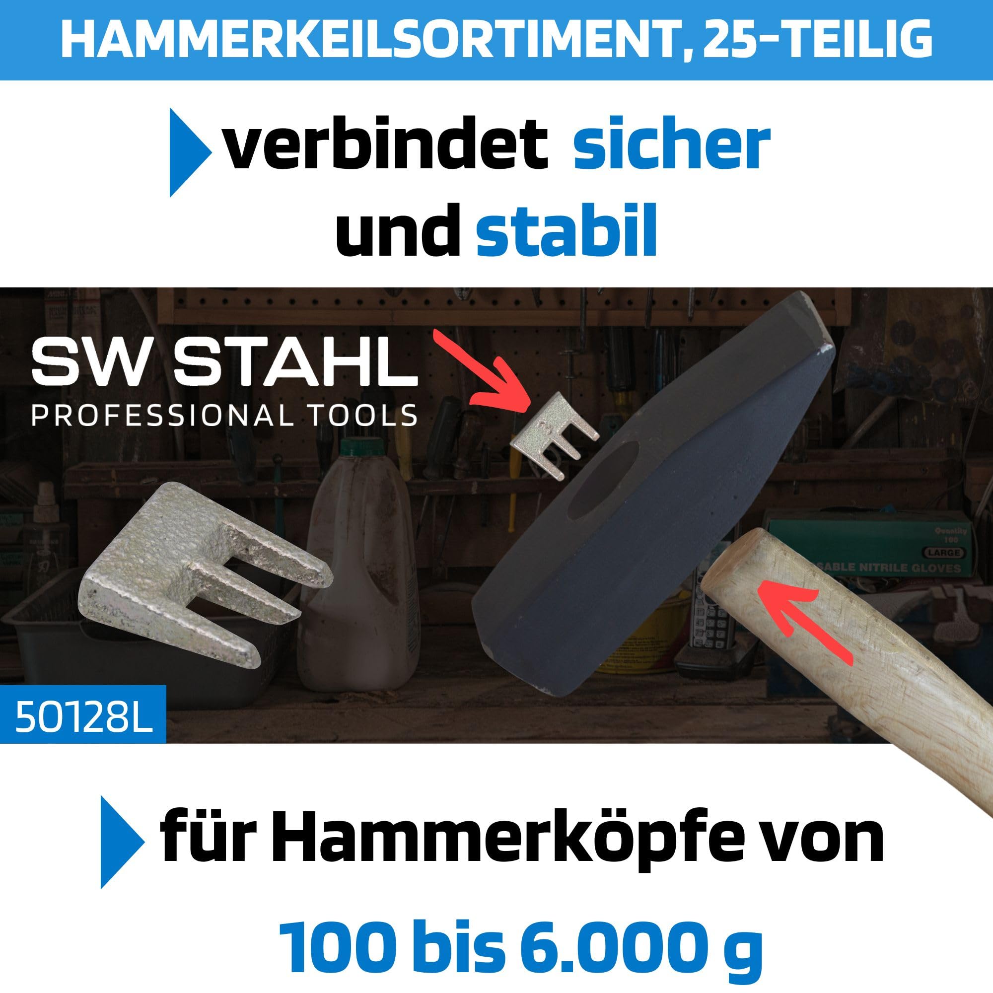 SW-Stahl 50128L Hammerkeilsortiment 25-teilig I Stielbefestigungskeil Set aus verschiedenen Größen I Hammerkeiler für 100 g - 6 kg Kopfgewicht I sichere Verbindung zwischen Hammerstiel und Hammerkopf