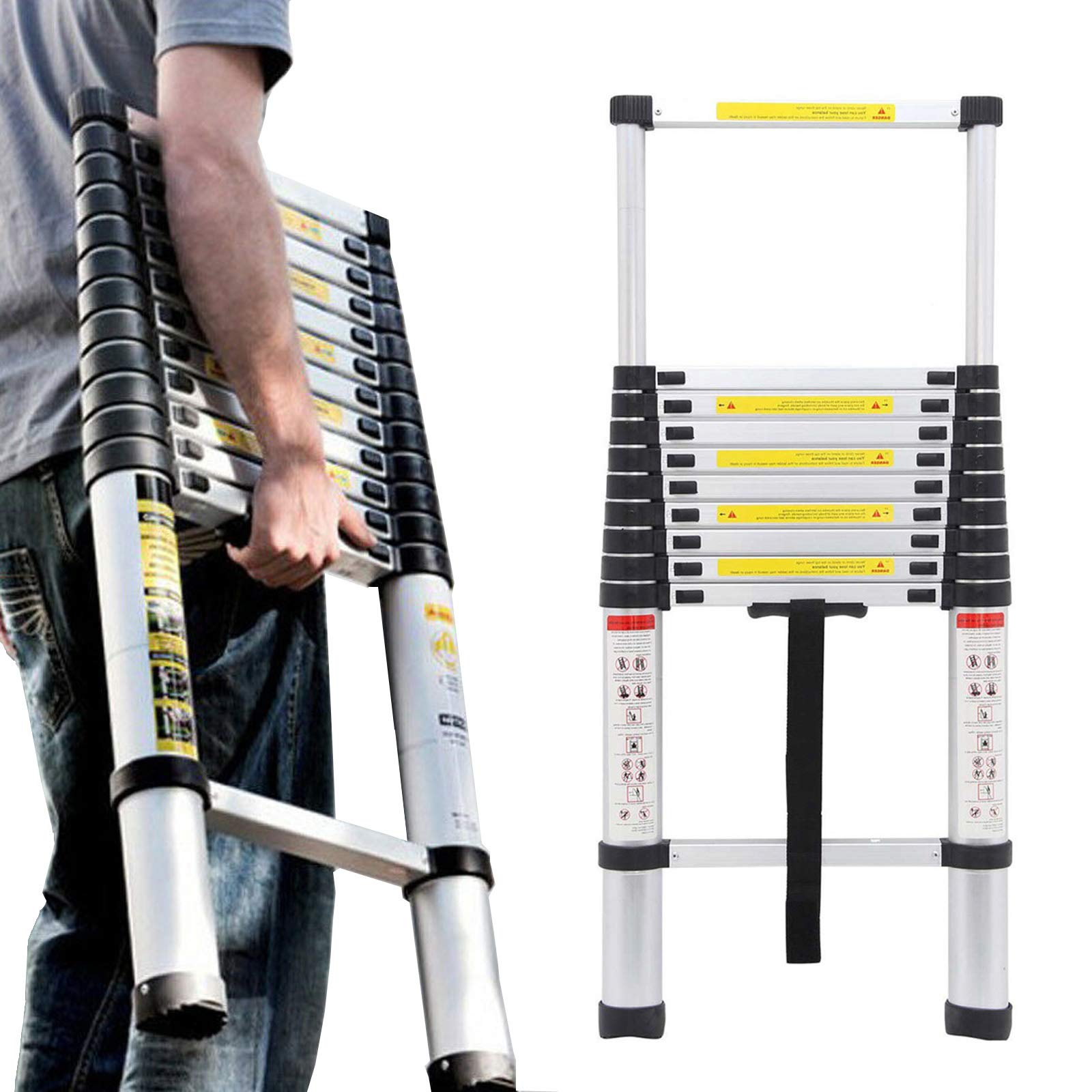 ZhanGe Portable Ladder Aluminum Lightweight Telescoping Telescopic Extension Ladder Multi-Purpose Extend Folding Ladder Tall Adjustable Climb Home Ladder 330 Pound Capacity Free Post