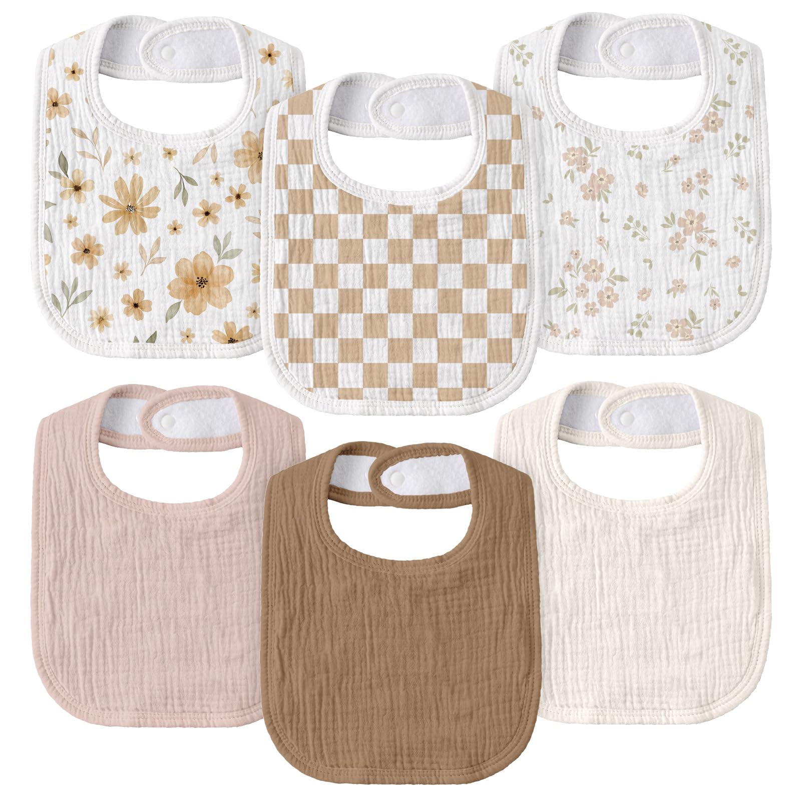 Muslin Bibs for Baby Boy Girl, Adjustable Fit for Drooling and Teething | 6Pk, 100% Soft Cotton Surface & Multi-Layer Absorbent Core, Shrink-resistant & Fade-Proof, Gentle on Sensitive Newborn skin 6-Pack Flora