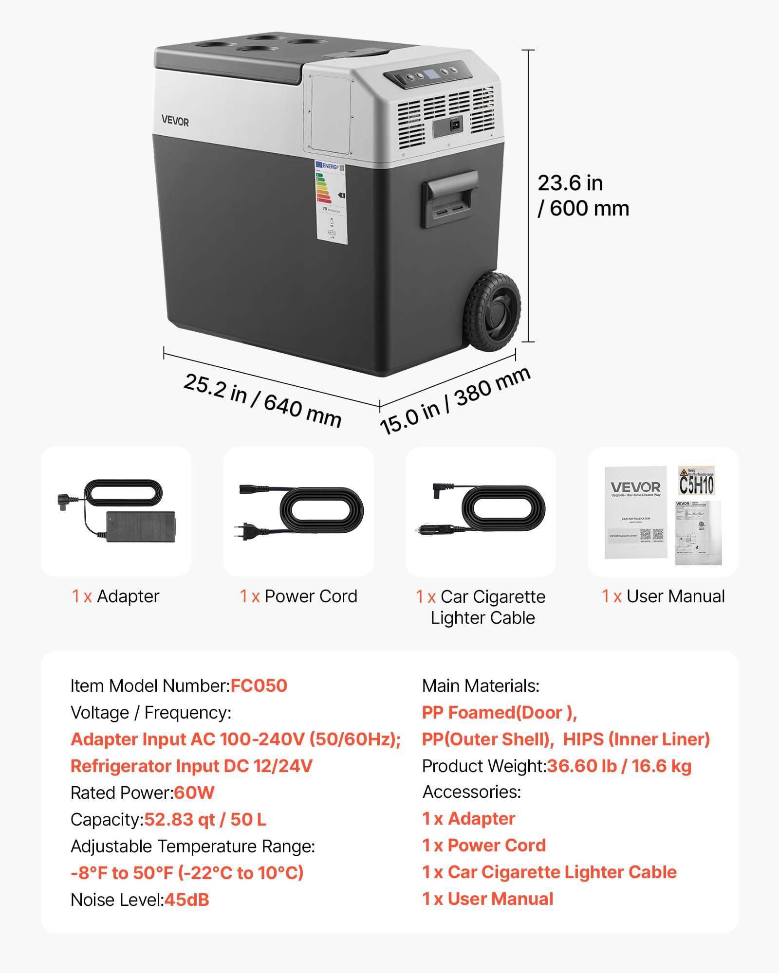 VEVOR Glacière Électrique Voiture et Maison, Réfrigérateur Portable 50 L 12 V/24 V CC et 100-240 V CA, pour Camping Voyage, Mini Frigo à Compression -22 à 10 °C, Contrôle APP avec Roues et Poignée