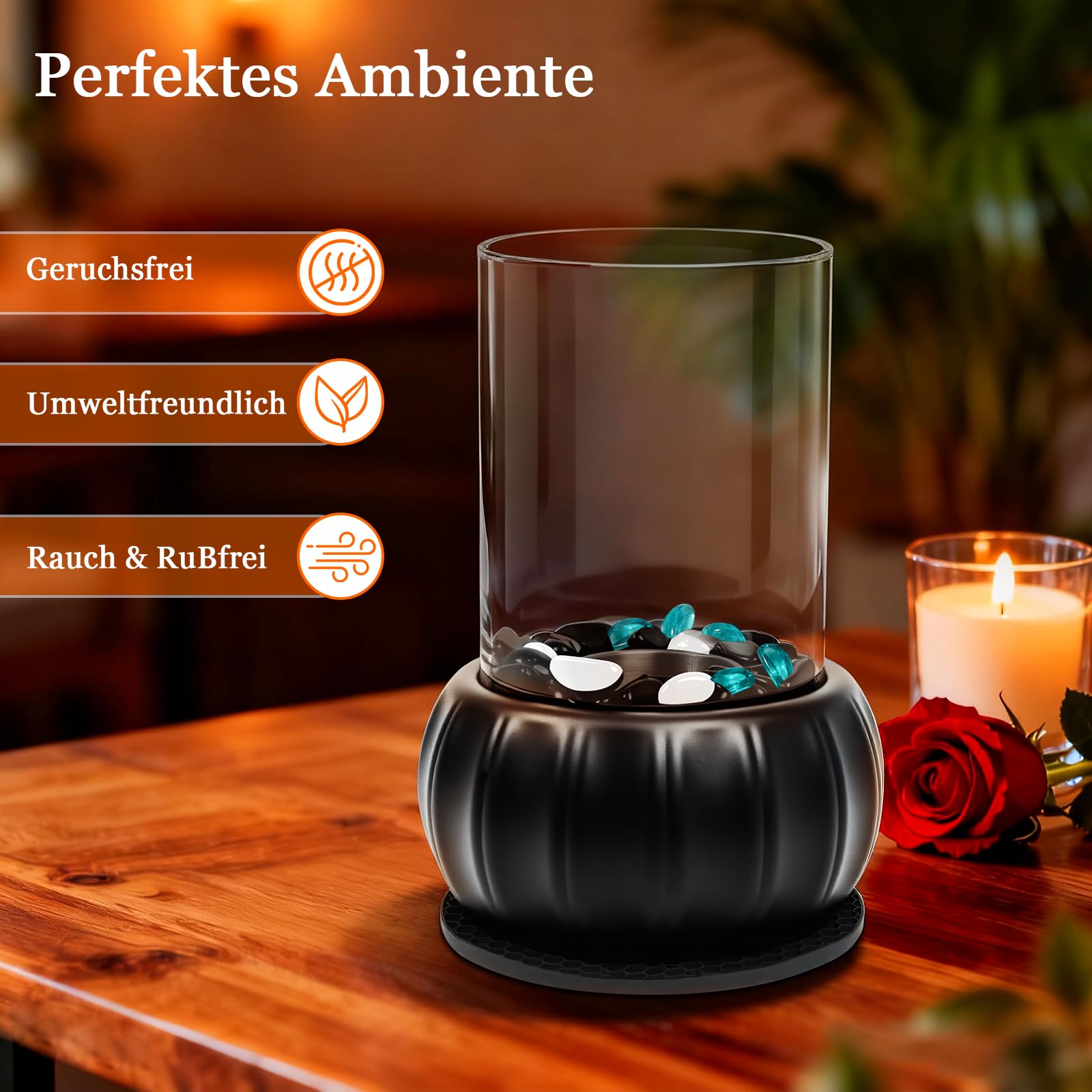Innenfeuerstelle Schreibtischkamin mit 3 Farben Deko Steinen, Desktop-Kürbis Party-Dekor für Indoor & Outdoor