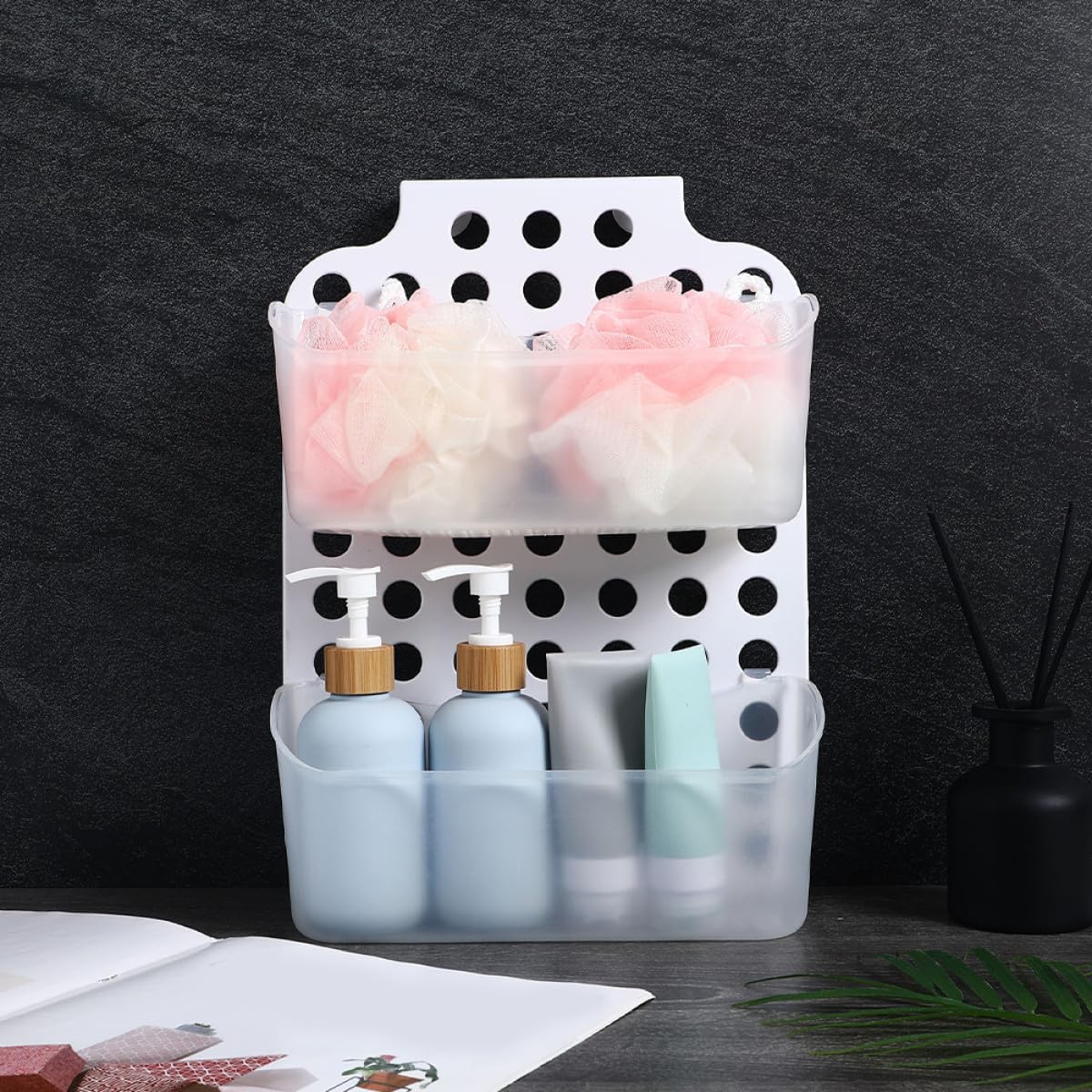 FAVOMOTO 2pcs Bathroom Wall-mounted Organizer Double Layer Shower Shelf No Drilling Waterproof Storage Rack White for Bathroom Shower Caddy and Towel Holder