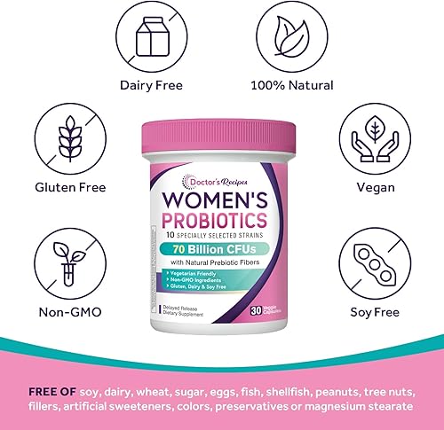 Miniatura 5 de Doctor's Recipes Probióticos para mujeres, prebióticos y probióticos orgánicos, 70 mil millones de UFC, 10 cepas, estable en estante, 30 cápsulas