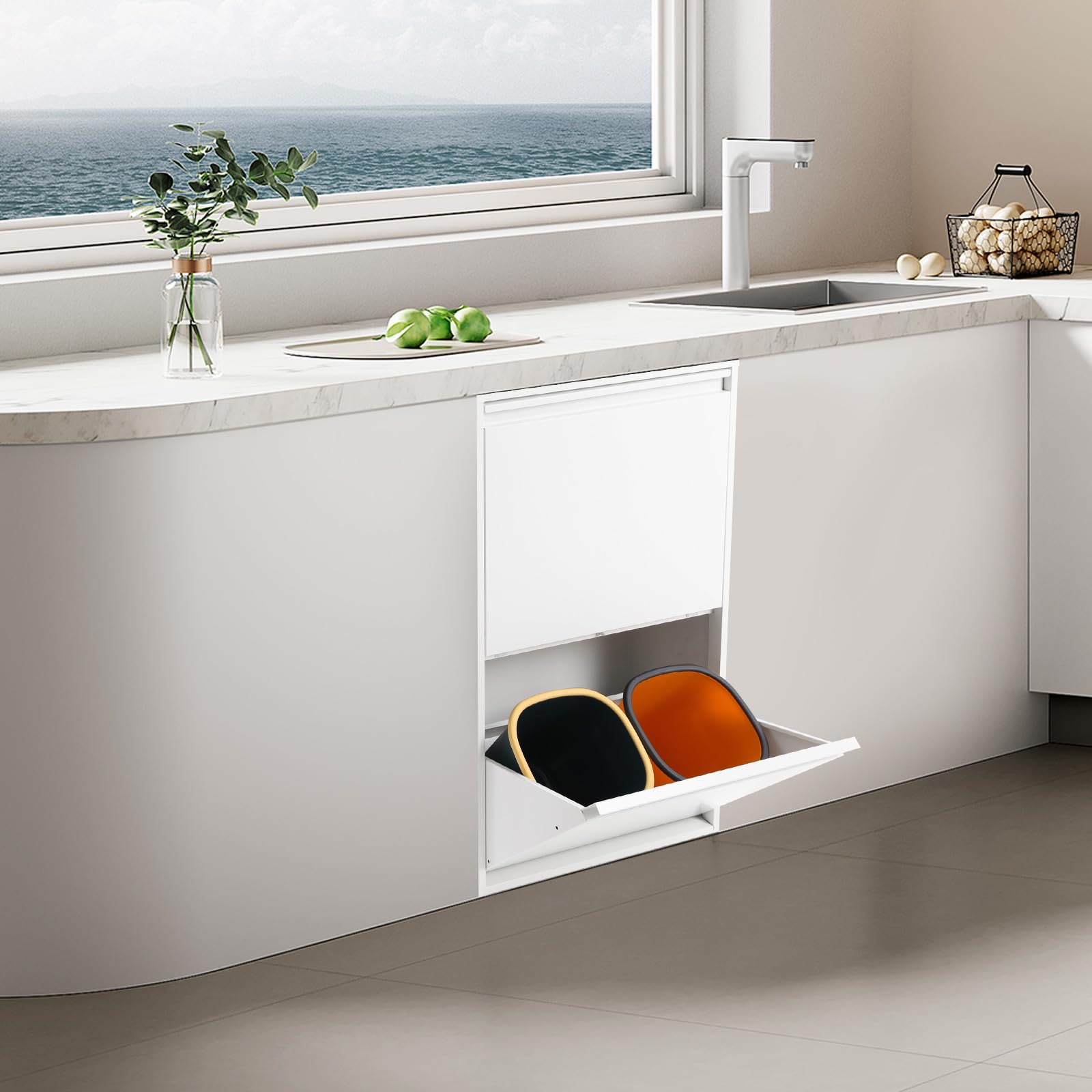 Lot de 4 poubelles de recyclage de 15 l, système de tri sélectif à 4 compartiments, 56 x 24,5 x 91 cm, pour cuisine, bureau, espace commercial (blanc)