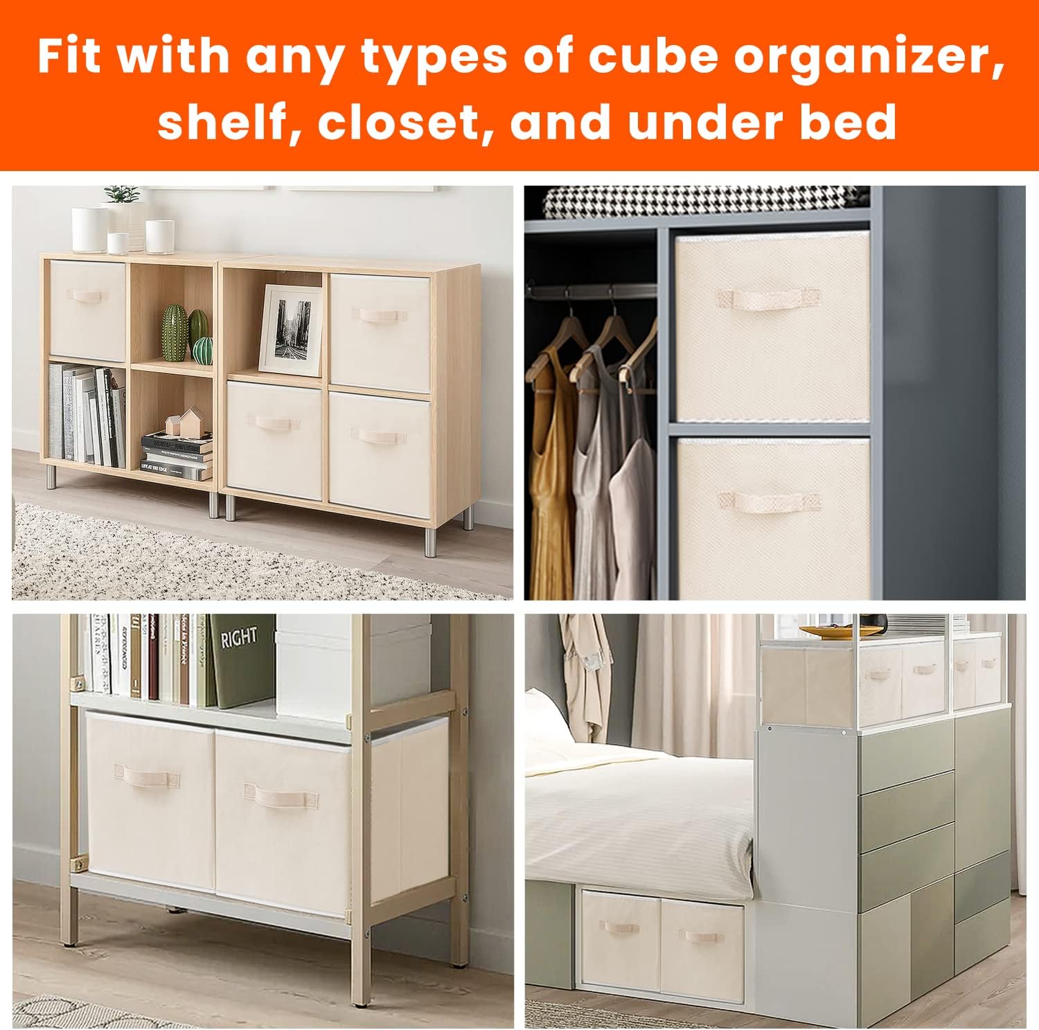 Criusia Large Storage Cubes - 13 Inch Heavy Duty Fabric Storage Bins for Shelves Closet, Cube Organizer - 8 Pack Collapsible Cube Storage Bins Baskets for Organizing Clothes Blankets Toys (Beige) - Image 6