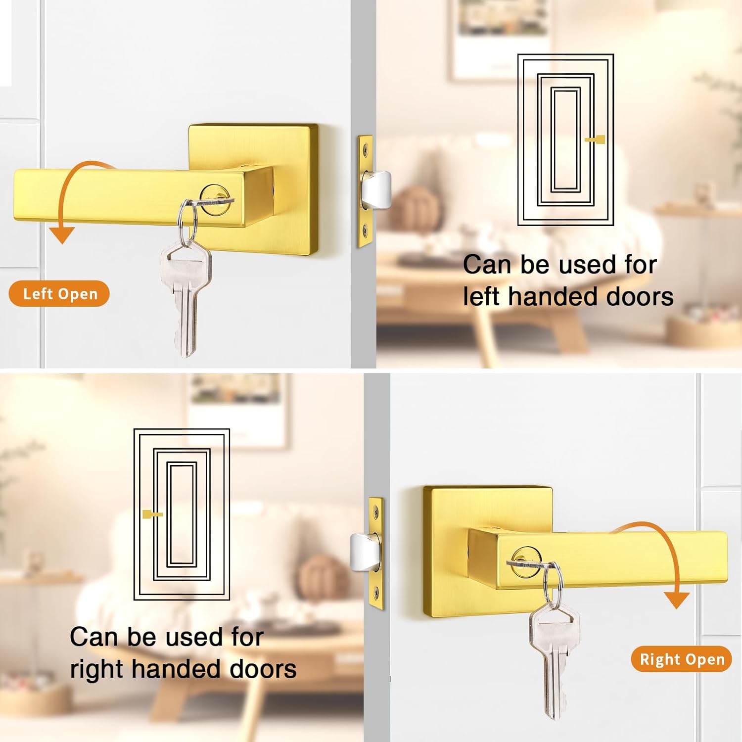 Probrico Entry Door Levers Gold with Different Keys, Heavy Duty Hardware for Exterior Front and Back Door,Lockable, Keyed Entrance Lock,Universal Handling,Transitional Style, 2 Pack