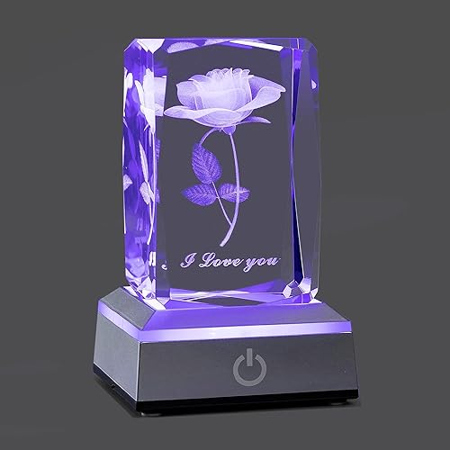 Miniatura 8 de Hochance - Lámpara de noche de cristal de rosa 3D con luces LED multicolor ajustables para novia, esposa - Regalos para el día de San Valentín