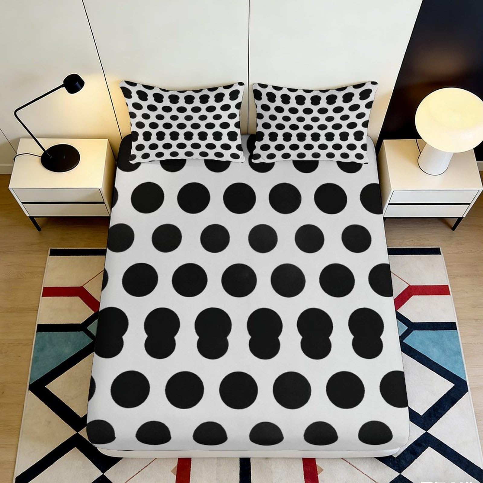 3D Printed Black Polka Dot Fitted Sheet Microfiber Soft Anti-Slip Monochrome Spot Mattress Cover for Bedroom Student Dorm Decor 120x200x25cm