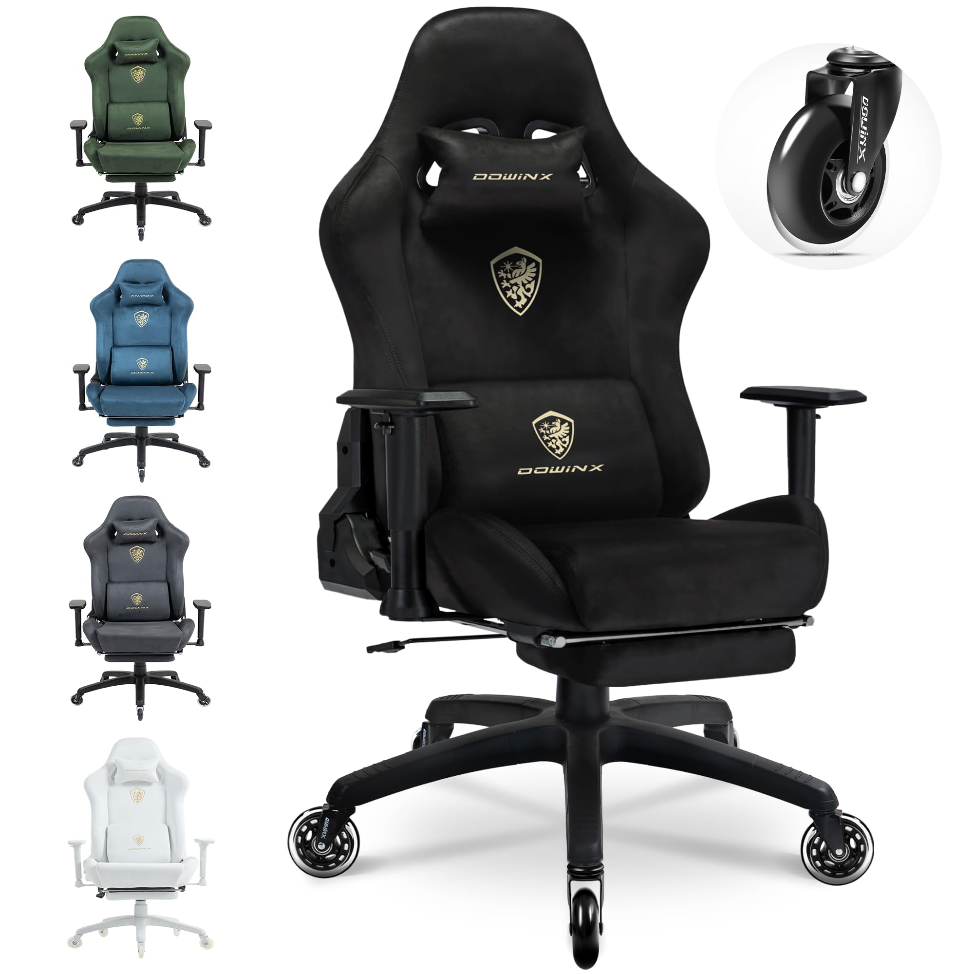 Dowinx Gaming Stuhl,Ergonomischer Wildlederimitat Gamer Chair,Gaming Sessel,Verstellbar Fußstütze und 3D Armlehnen,200KG Tragkraft Bürostuhl mit Geräuschlose Rollen,Schreibtischstuhl