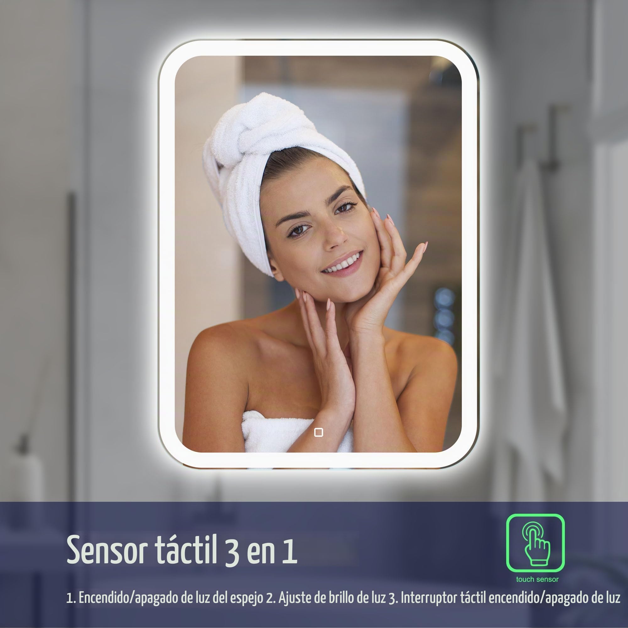 Espejo Baño LED 50 × 70 cm, Iluminación Frontal | Espejo Baño LED, Espejo Baño con Luz, Interruptor Táctil, Regulable, Luz Blanca Neutra