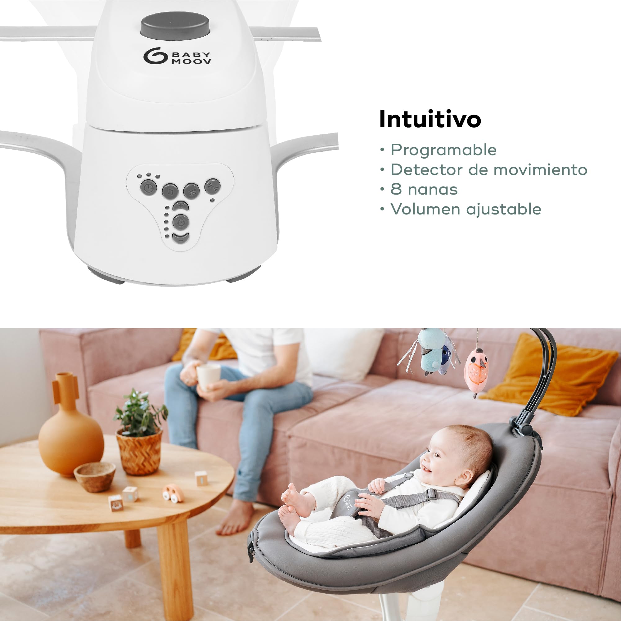 Babymoov Swoon Motion oscilación y cuna, con el asiento ergonómico cómodo y ajustable, 65 x 72 cm, Zinc