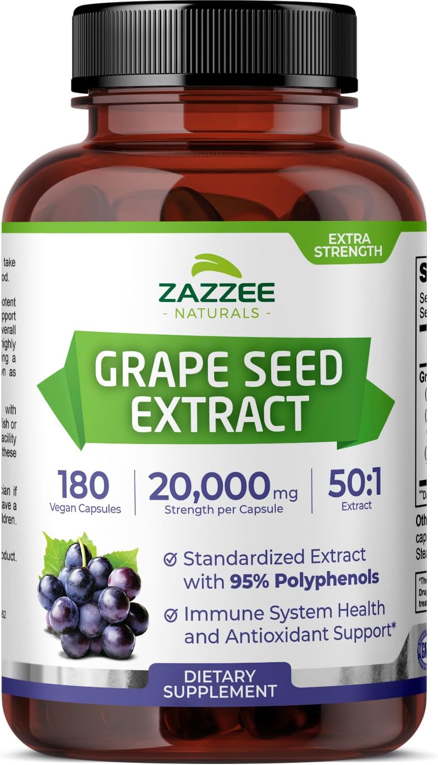 Zazzee Naturals 95% Polyphenols Potent 50:1 Grape Seed Extract 180 Vegan Capsules (20000mg Strength,400mg Per Capsule)