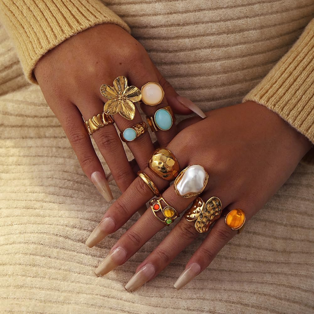 UYY Chunky Gold Rings for Women Non Tarnish, Baroque Pearl Flower Tiger's Eye Stone Rings Adjustable Stacking Statement Rings Set Fashion Jewelry Gifts - Image 4
