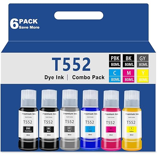 T552 Remanufactured Ink Refill Bottles Replacement for Epson Ecotank Photo ET8550 ET8500 8550 8500 ET-8550 ET-8500 series Printers, for T552 Dye Ink Black Photo Black Gray Cyan Magenta Yellow-6 Pack
