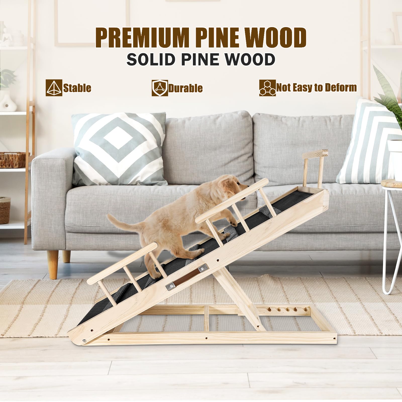 Rampa ajustable de madera para mascotas, para cama, sofá, coche, para perros pequeños y grandes, superficie de goma antideslizante, 110 cm de largo y ajustable de 30 cm a 60 cm, altura de