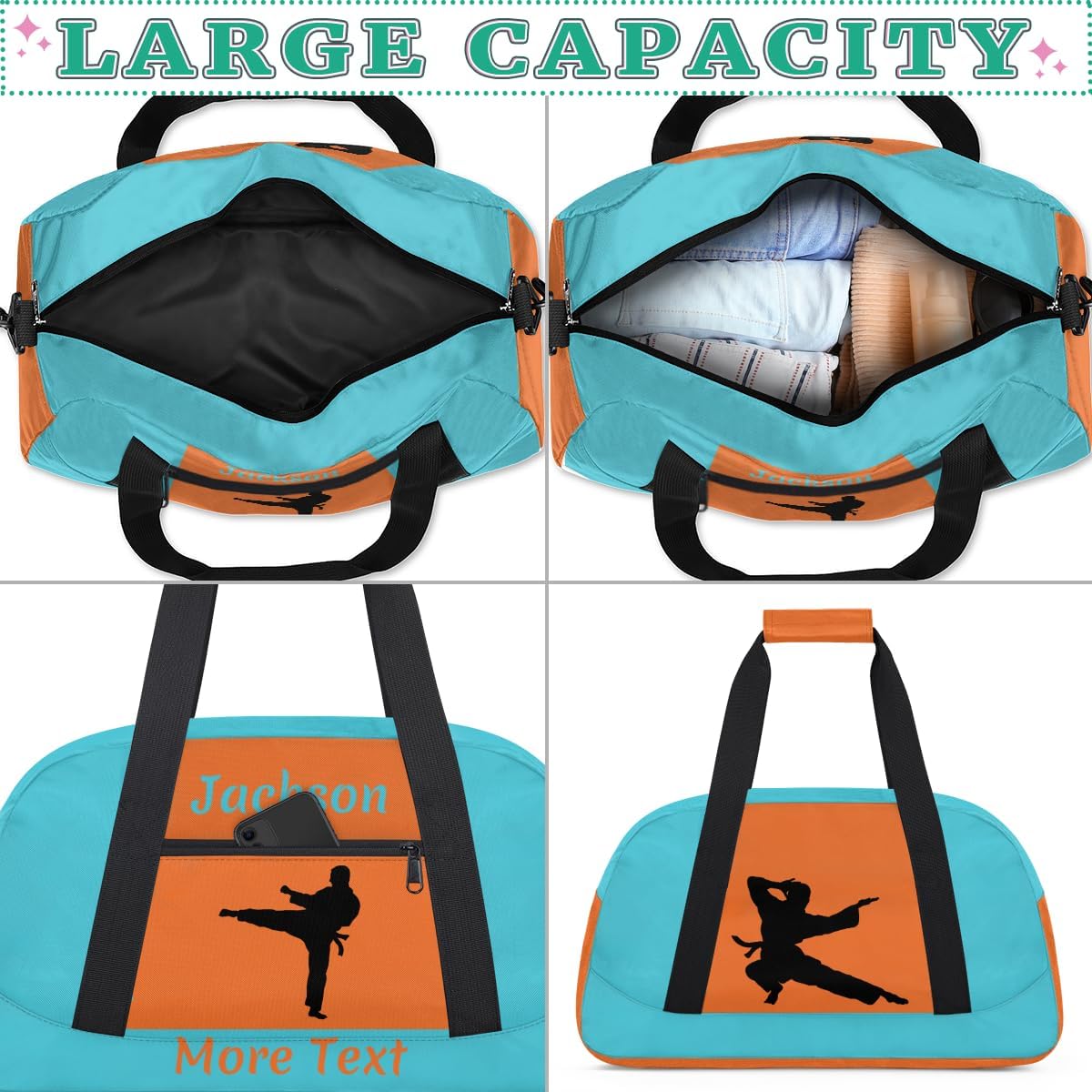 Personalized Sport Duffle Bag for Boys, Custom Kids Gym Bag with Name, Fit School Practice, or Overnight Weekender Travel Cyan Martial Arts Male