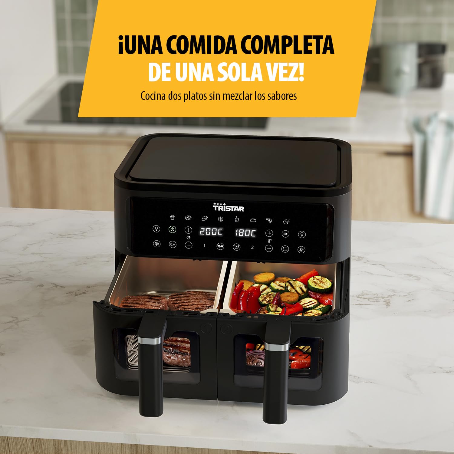 Tristar Freidora de Aire Doble Cesta, 9 L, 10 Programas, Pantalla Digital, Ventanas de Visualización, Sin PFAS, Cocina Saludable Sin Aceite, 2500 W, FR-9429