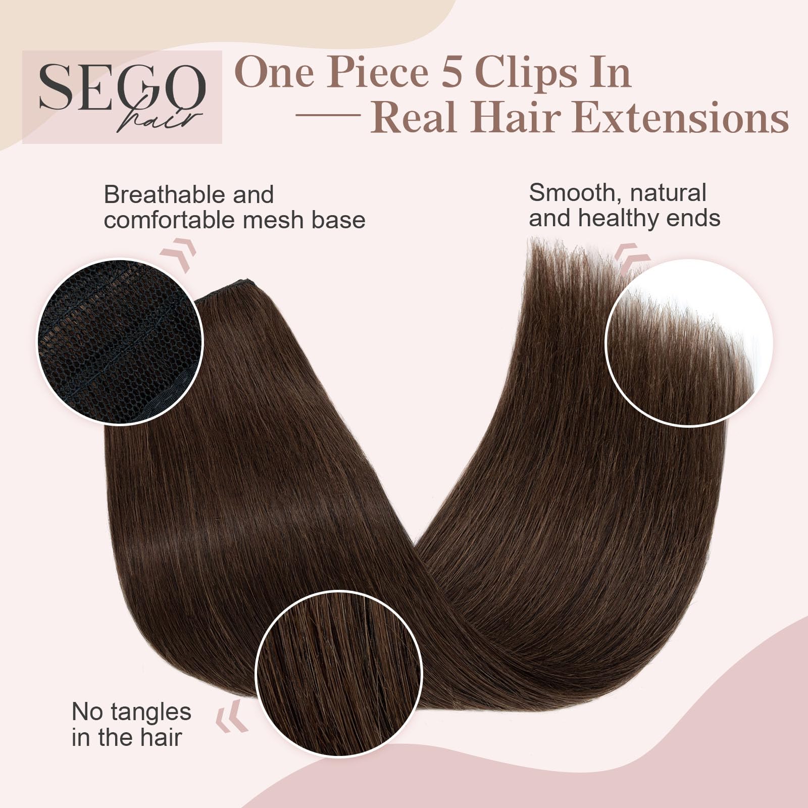 SEGOHAIR Clip in Human Hair Extensions, 16" One Piece 5 Clips Thick Clip in Hair Extension - 3/4 Full Head - Dark Chocolate Brown - Image 4