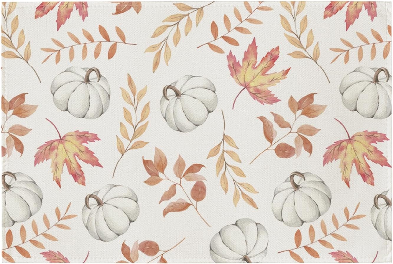 Artoid Mode Maple Leaf Pumpkins Fall Placemats Set of 8-12 x 18 Inch | Heat-Resistant Table Mats, Washable Seasonal Autumn Kitchen Dining Decor