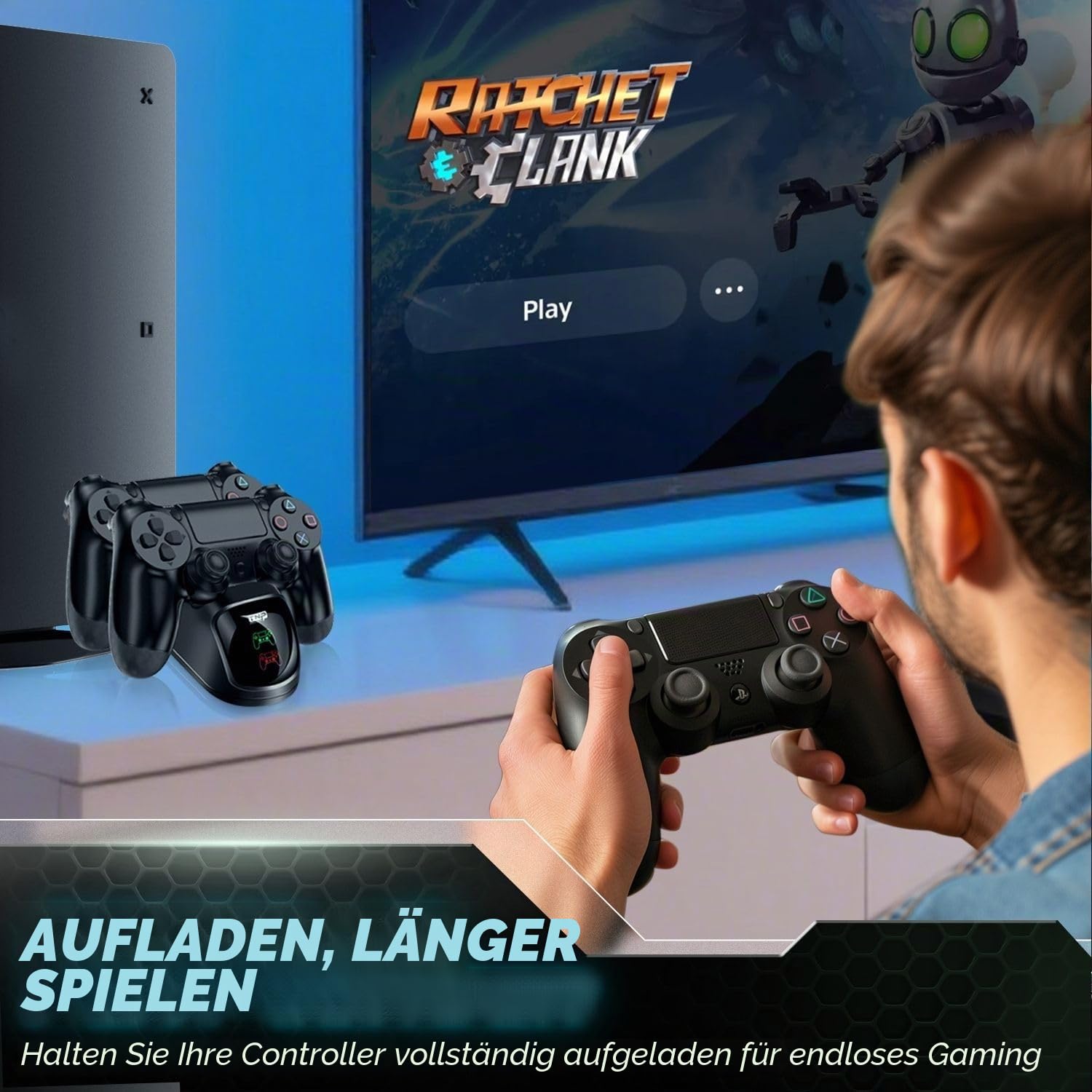 TNP PS4 Controller-Ladestation, PS4 Aufladestation, Ladegerät für Sony-PlayStation-4-Original-DualShock-4-Wireless-Controller, mit USB-Ladekabel und LED Anzeige, Passend für PS4 Pro/Slim, Schwarz