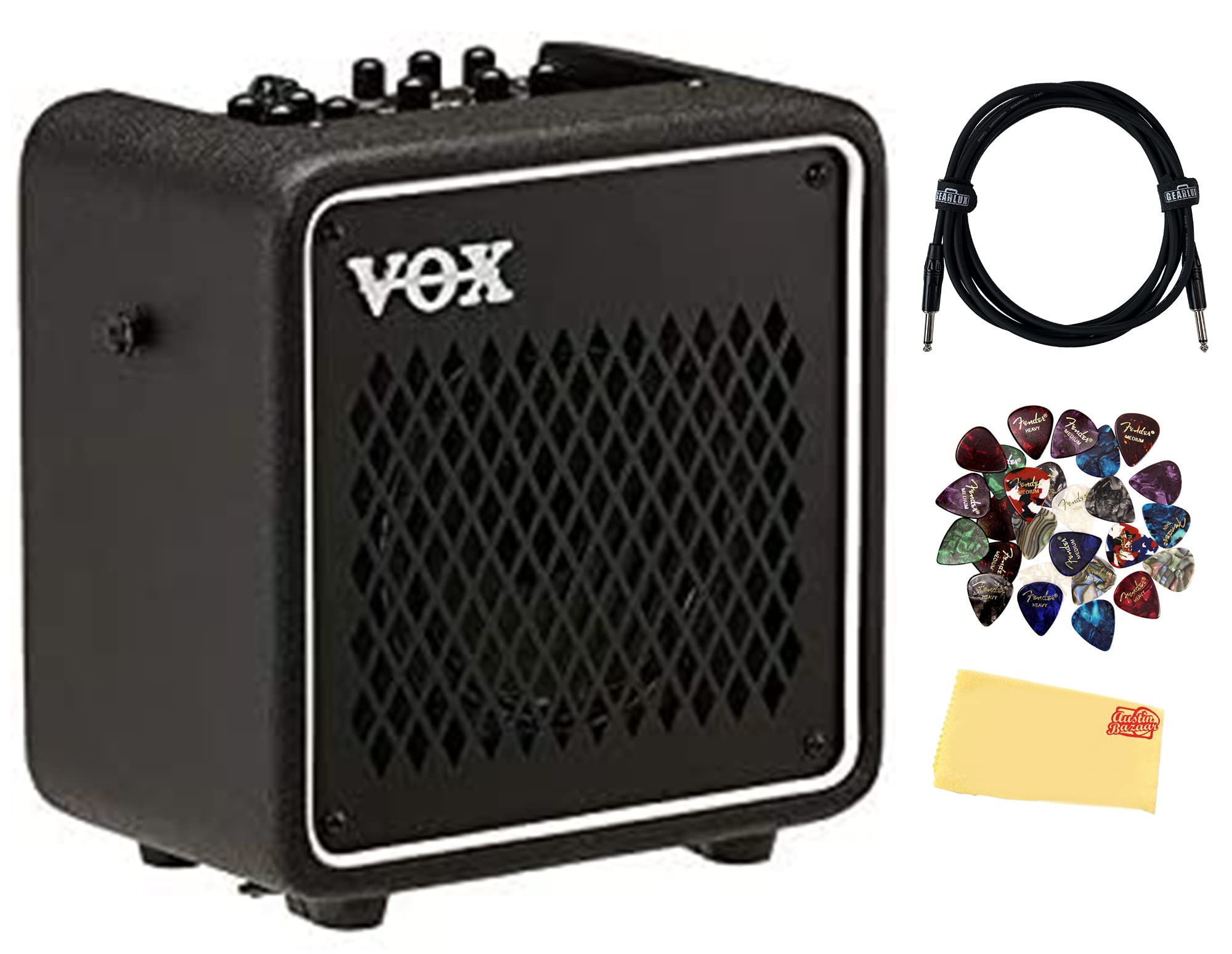 VOXMini Go 10 10-Watt Guitar Combo Amplifier - Black Bundle with Instrument Cable, AC Adapter, Polishing Cloth and Austin Bazaar Exclusive 24-Pack Picks