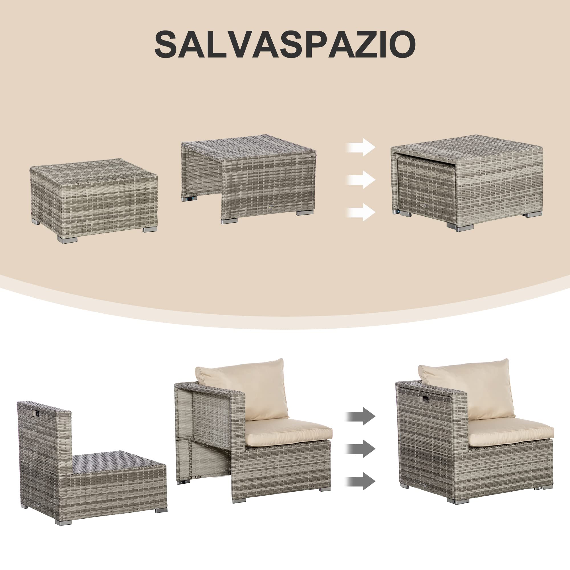 Outsunny Salotto da Esterno in Rattan PE da 8 Pezzi, Set Mobile da Giardino Salvaspazio con Poltrone, Tavolini e Sgabelli, Beige