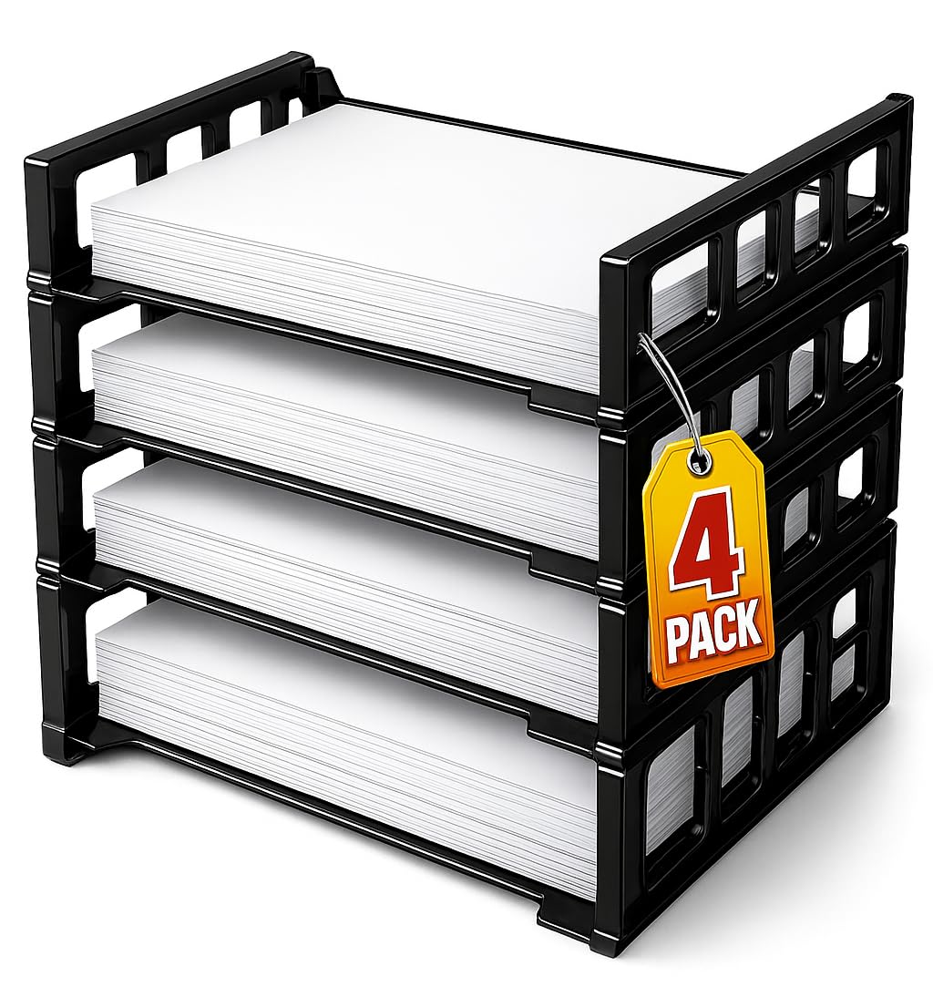 1InTheOffice Stackable Paper Tray Organizer, Plastic Letter Tray, Office Desk Tray, Black (4Pack)