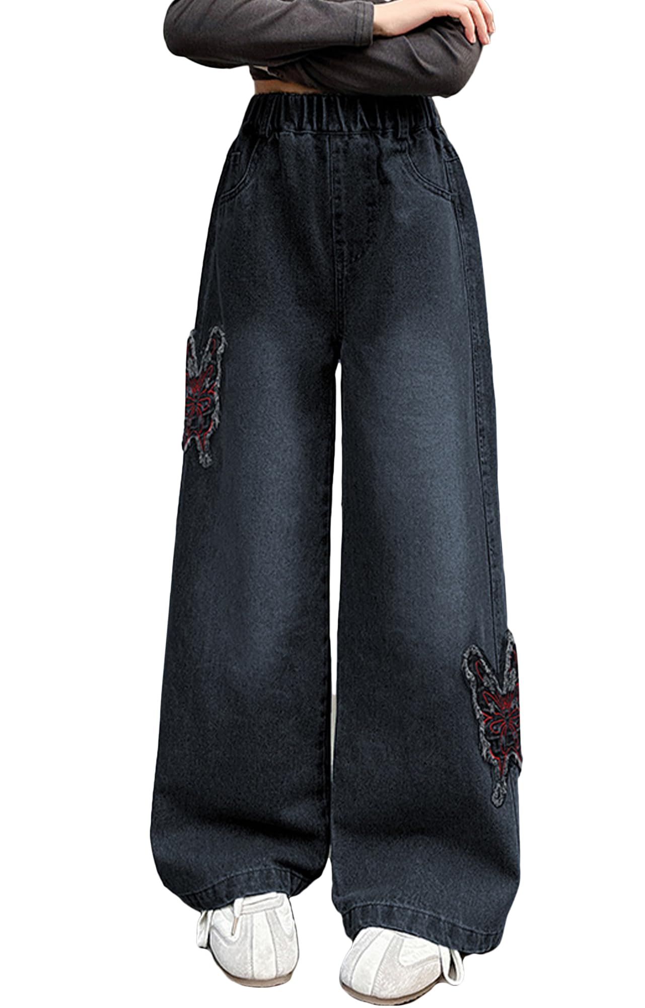 Happy Cherry - Baggy Jeans Mädchen Denim Hosen Y2K Vintage mit Elastischem Bund Jeanshosen Weitem Bein Teenager Streetstyle Kinder 5-14 Jahre für Sommer Frühling Herbst Winter - 110-164