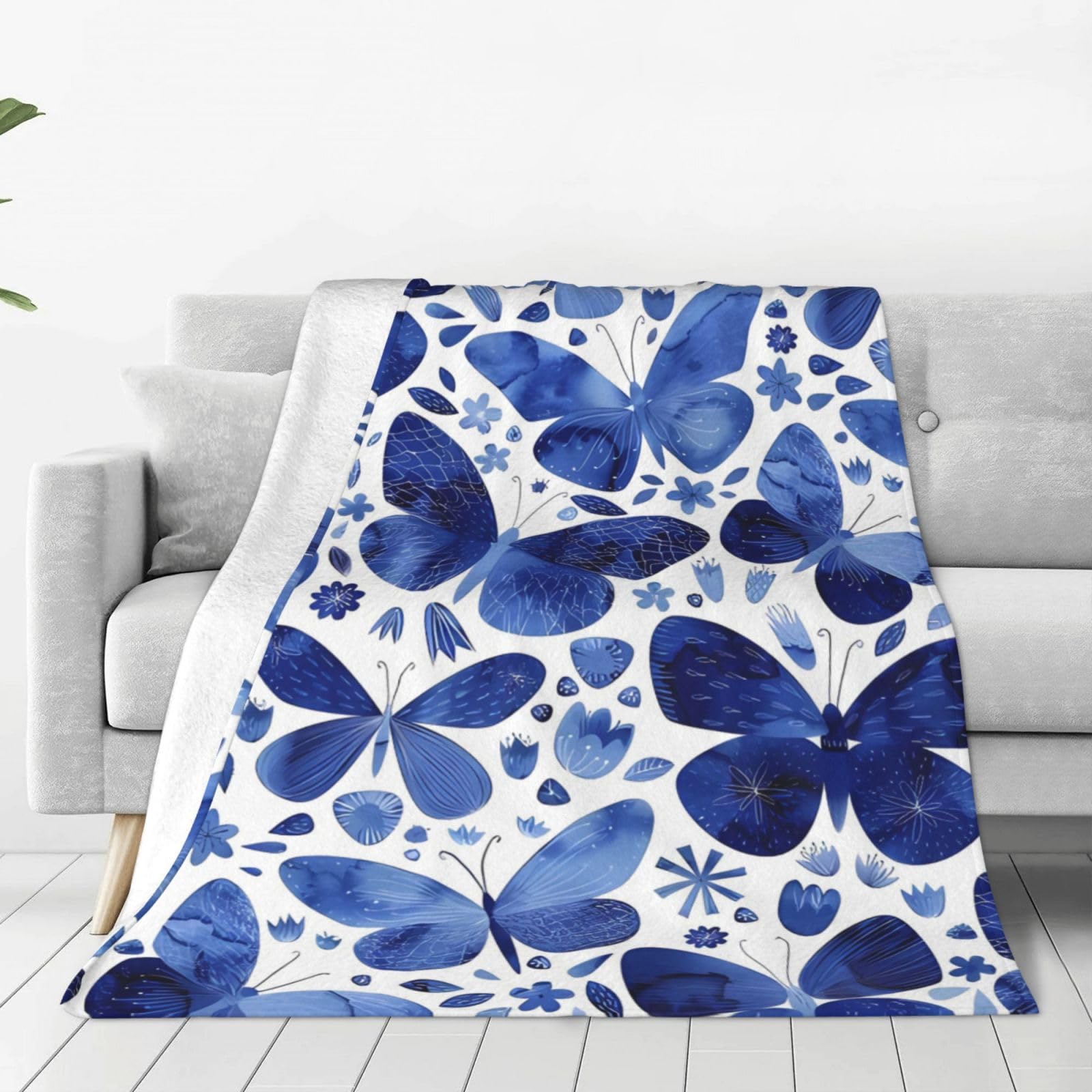 Couverture en flanelle papillons bleus plaid polaire lit et canapé 152x127 cm