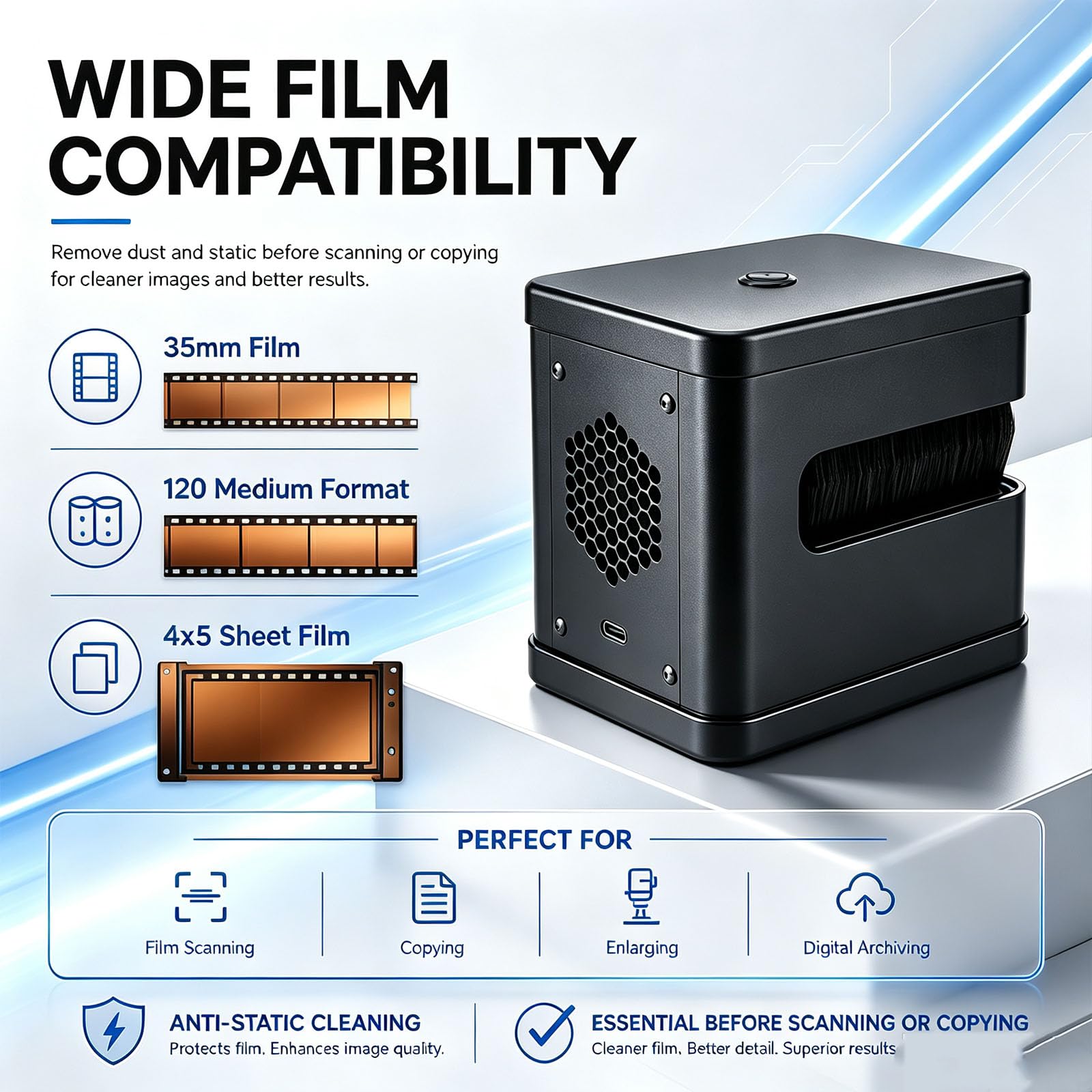 Removedor Eléctrico De Polvo De Película, Limpiador Electrostático De Polvo De Película, Filas De Cerdas Extraíbles, Eliminación De Polvo Y Electricidad Estática, Para Limpieza De Escaneo De